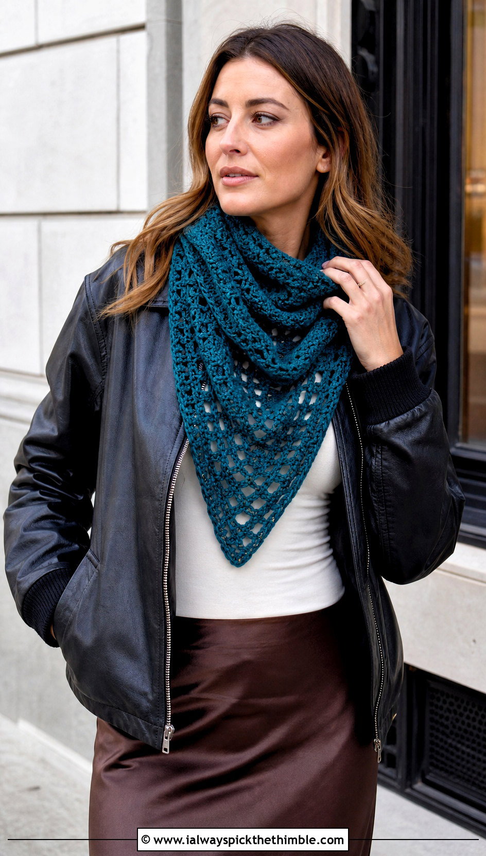 Triangle Crochet Scarf With Leather Bomber - 15 unusual crochet scarf outfit ideas
