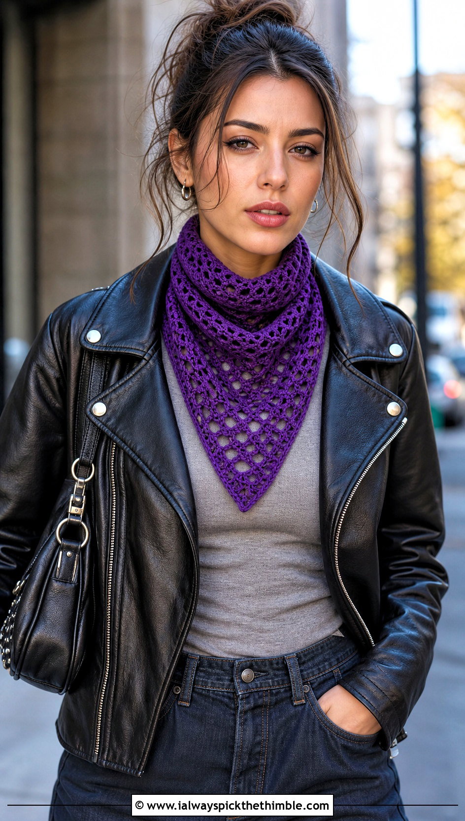 Triangle Crochet Scarf With Leather Jacket - 20 autumn crochet scarf outfit ideas