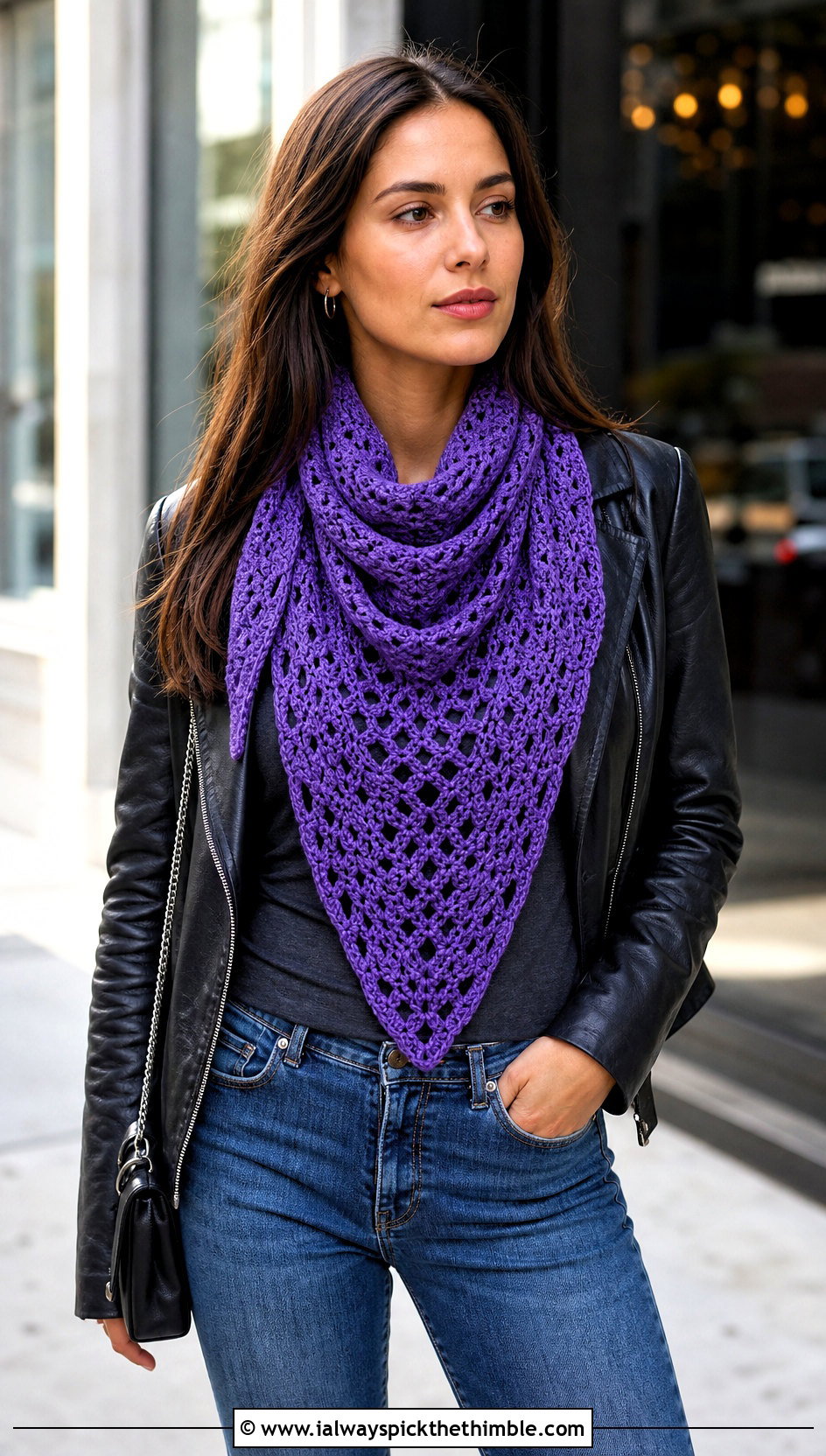 Triangle Crochet Scarf With Leather Jacket - 20 Beautiful Crochet Scarf outfit ideas