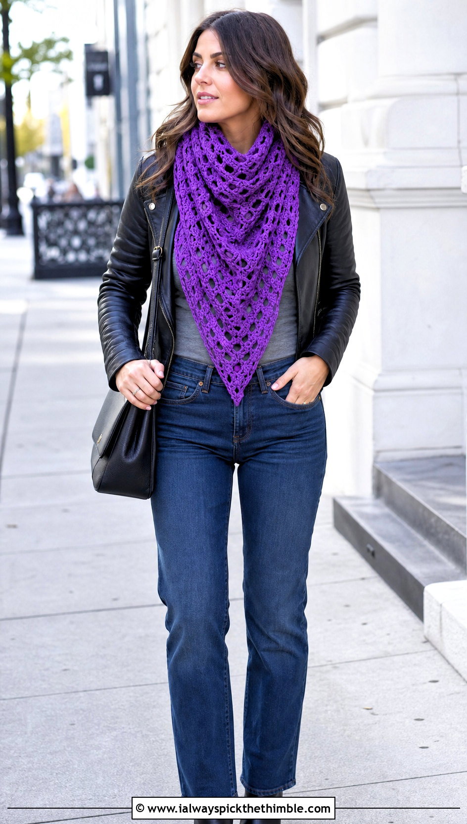 Triangle Crochet Scarf With Leather Jacket - 20 Crochet Fun Scarf outfit ideas
