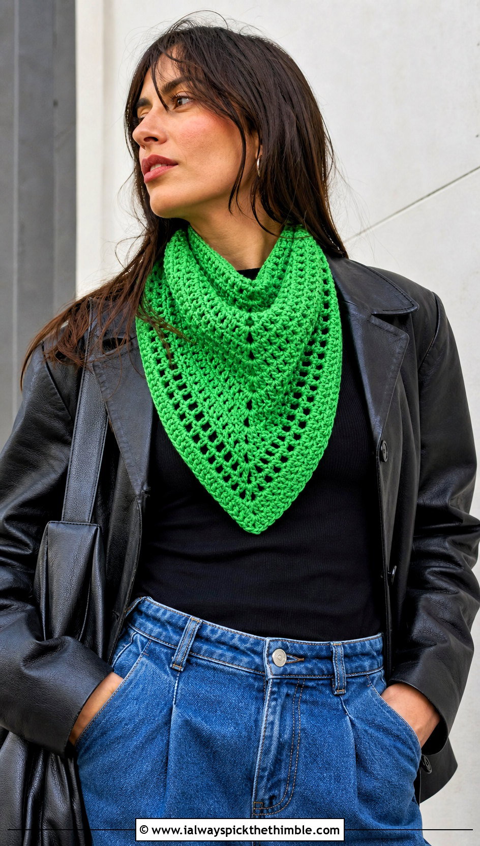 Triangle Crochet Scarf With Leather Jacket - 20 Crochet Scarf Worsted Weight Yarn outfit ideas