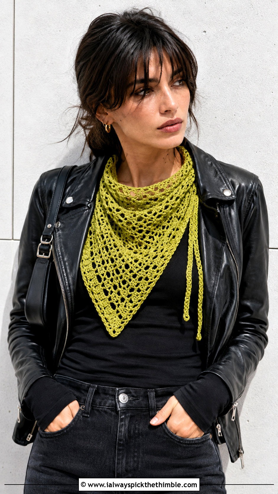 Triangle Crochet Scarf With Leather Jacket - 25 crochet winter scarf outfit ideas