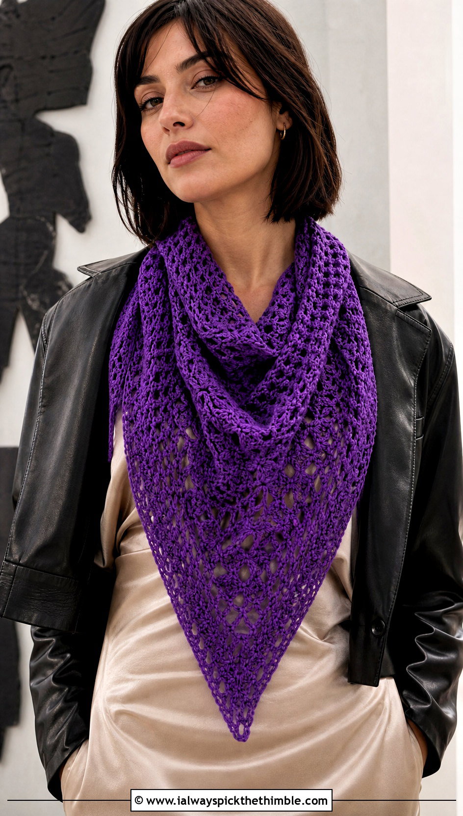Triangle Crochet Scarf With Leather Jacket - 25 Winter Crochet Scarf outfit ideas