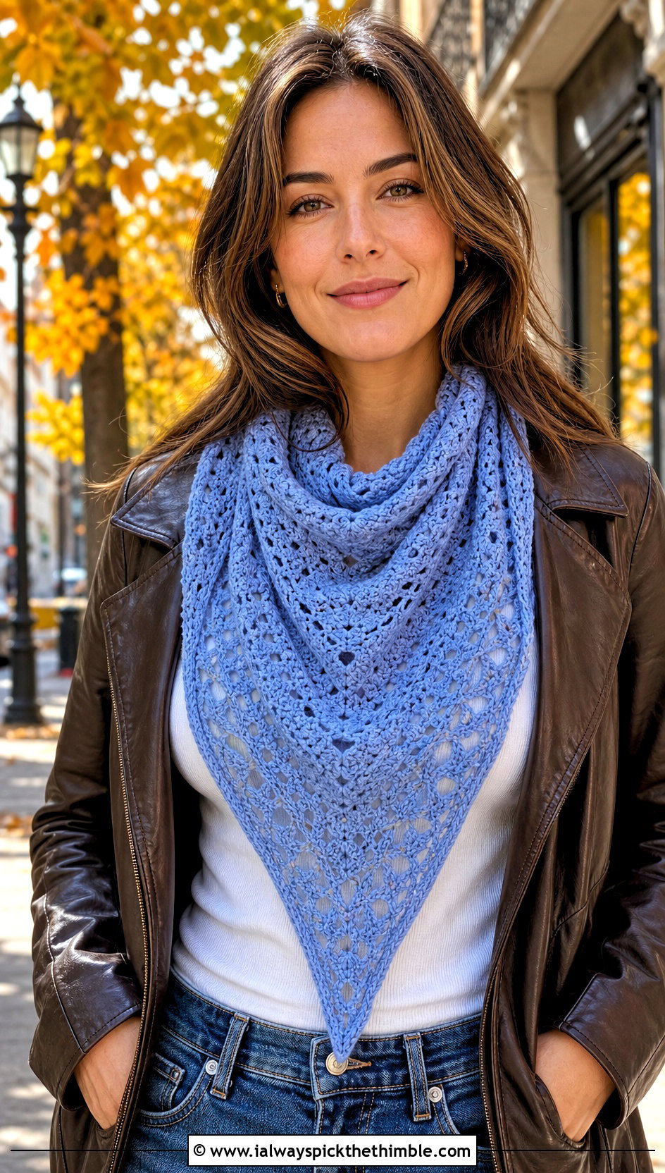 Triangle Crochet Scarf With Leather Jacket And Jeans - 25 crochet clothes and accessories outfit ideas