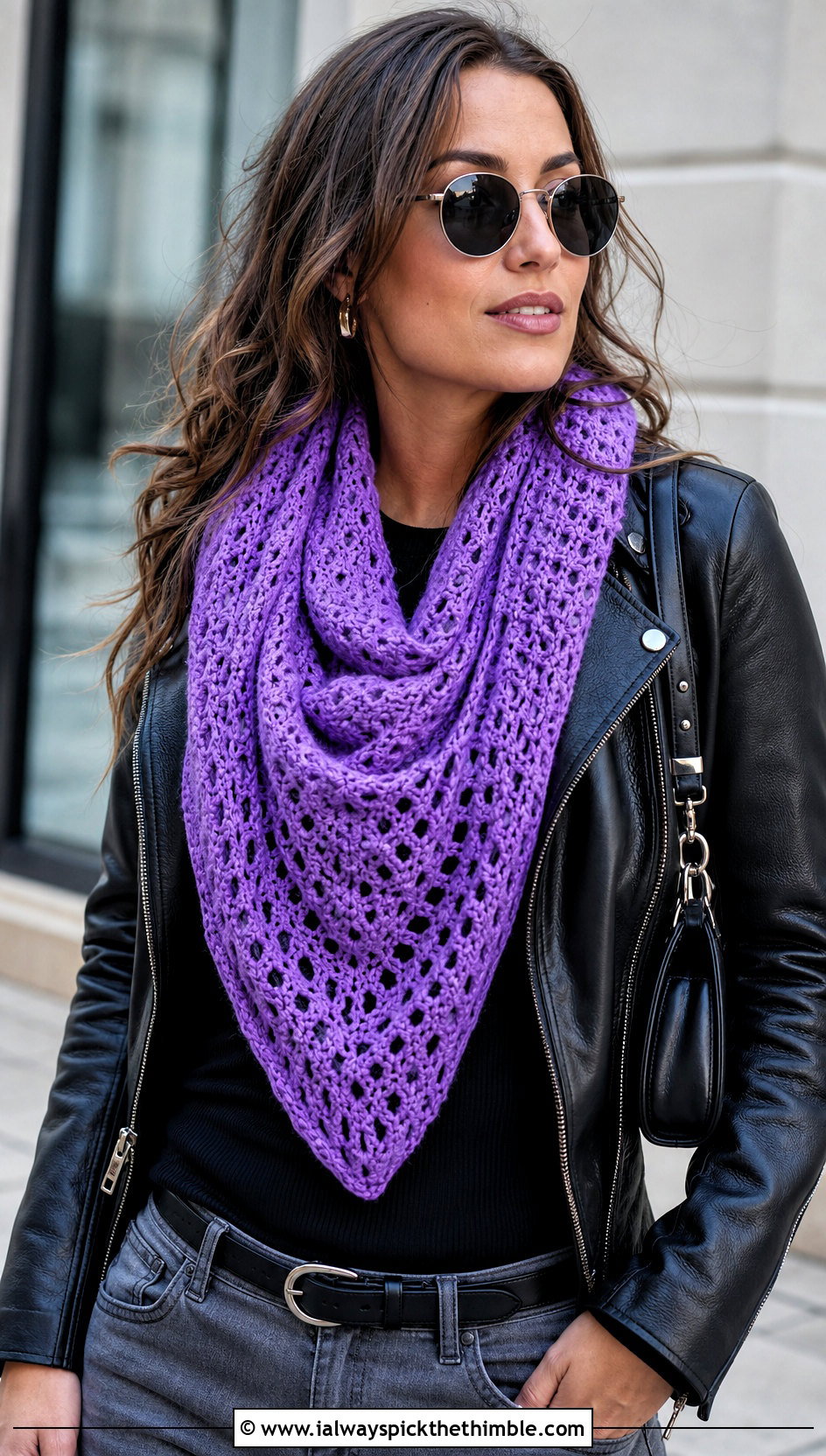 Triangle Crochet Scarf With Leather Jacket - 15 Vibrant Crochet Scarf outfit ideas