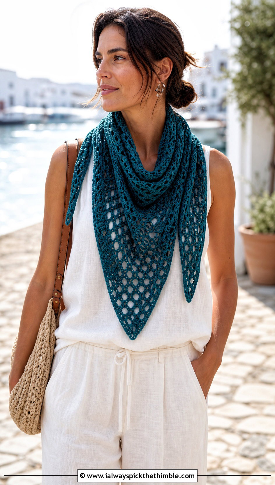 Triangle Crochet Scarf With Linen Vacation Outfit - 20 wanderlust crochet scarf outfit ideas