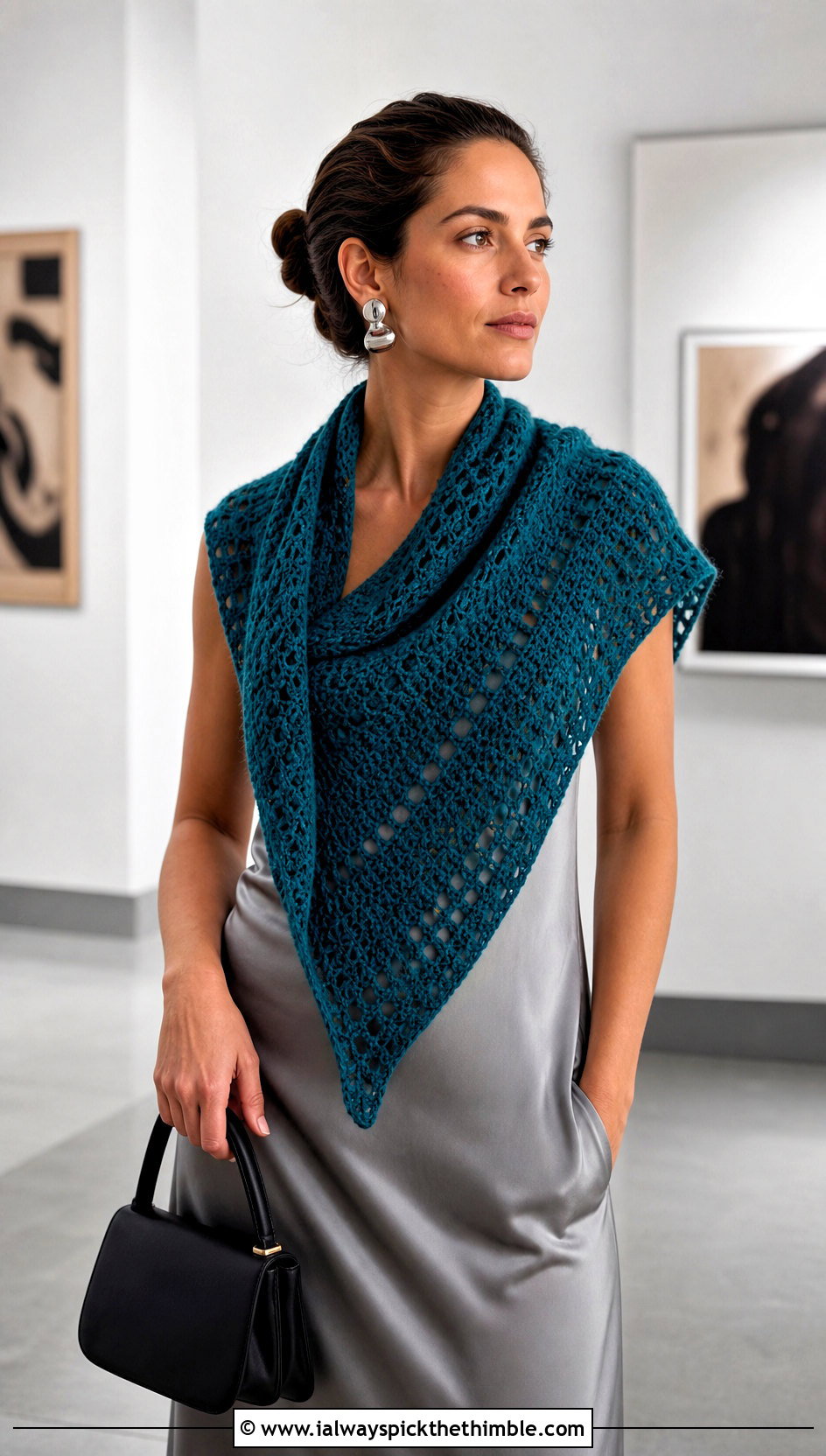Triangle Crochet Scarf With Satin Slip Dress - 15 Light Weight Crochet Scarf outfit ideas