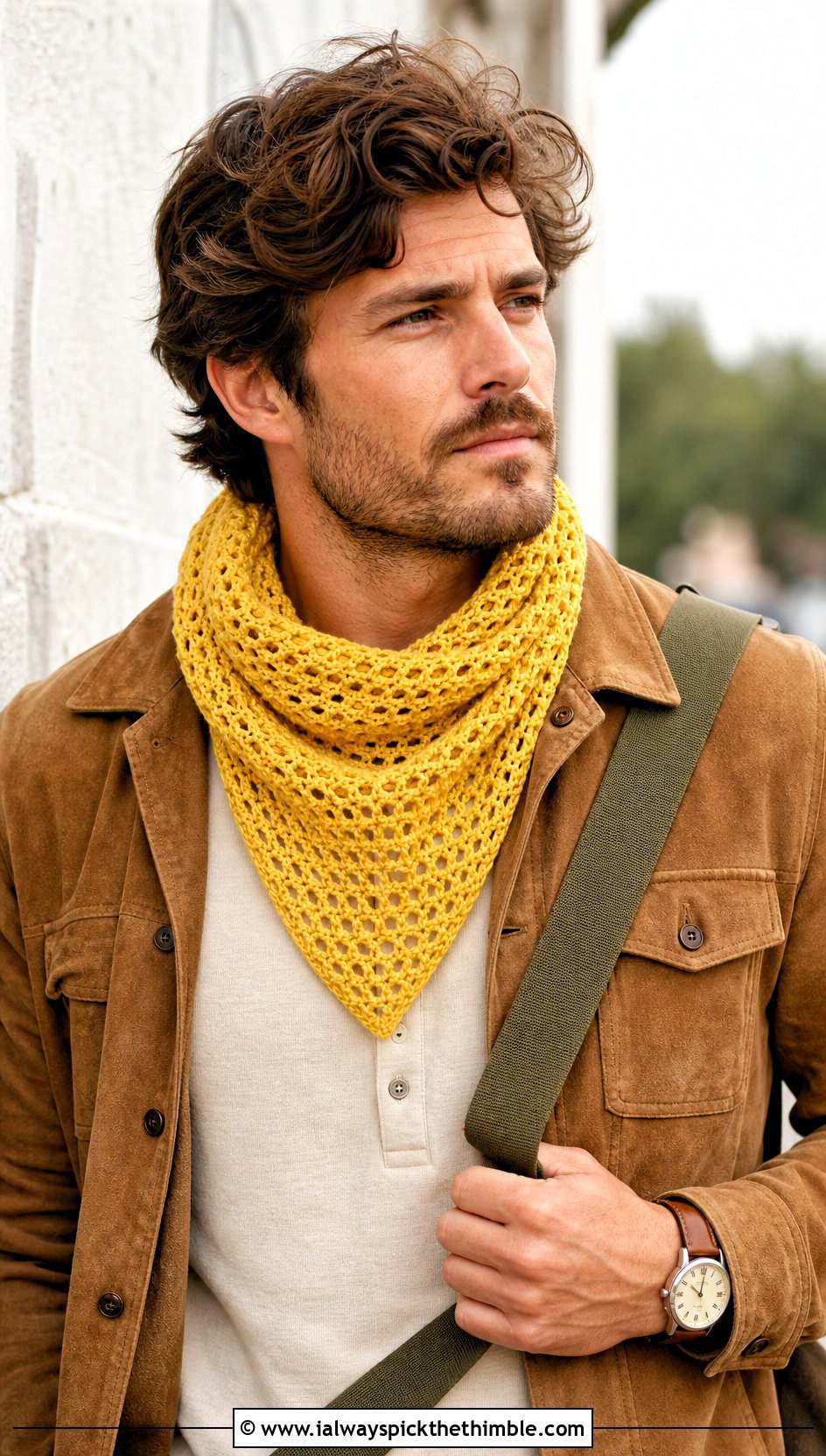 Triangle Crochet Scarf With Suede Overshirt - 25 men's crochet scarf outfit ideas