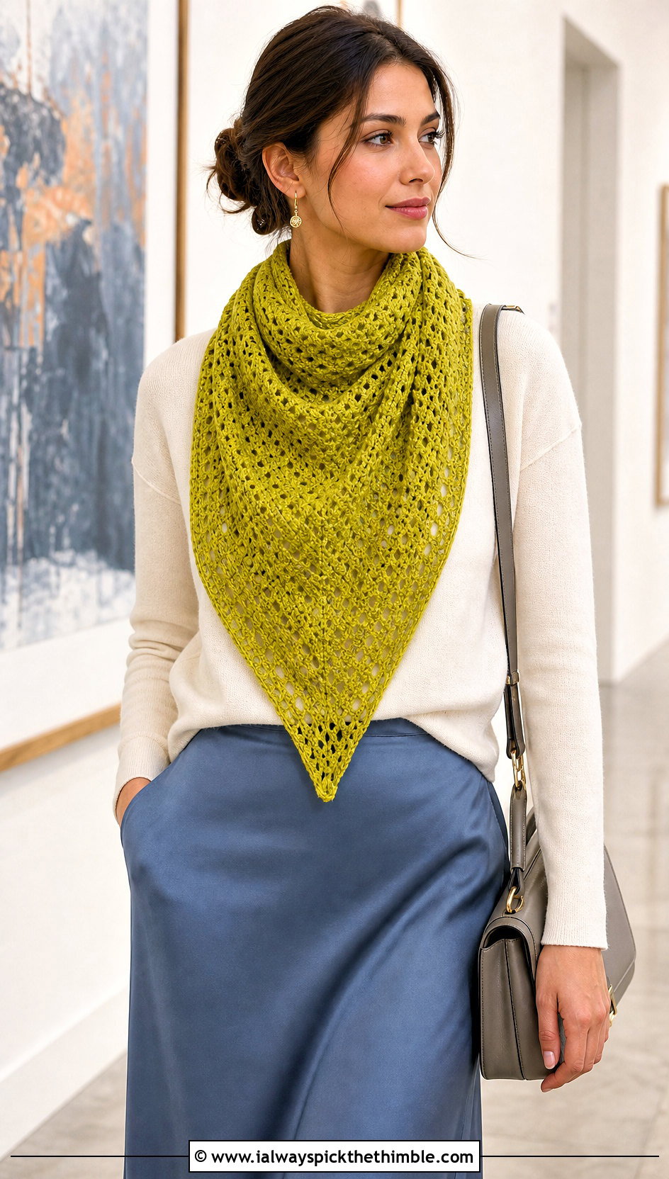 Triangle Crochet Scarf With Sweater And Midi Skirt - 25 beginner crochet scarf outfit ideas