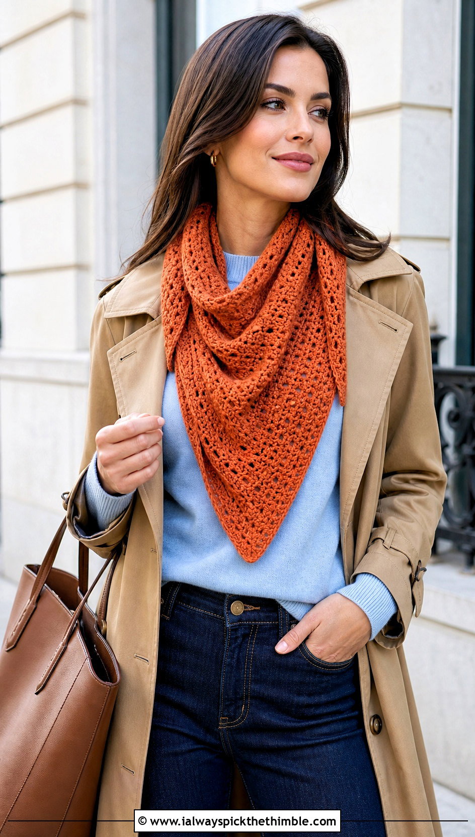 Triangle Crochet Scarf With Trench Coat And Jeans - 20 crochet for scarfs outfit ideas
