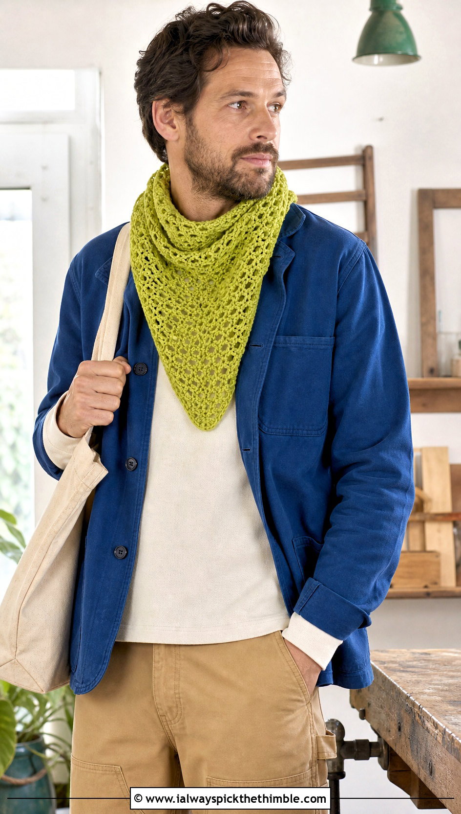 Triangle Crochet Scarf With Utility Overshirt - 20 crochet scarf ideas for men