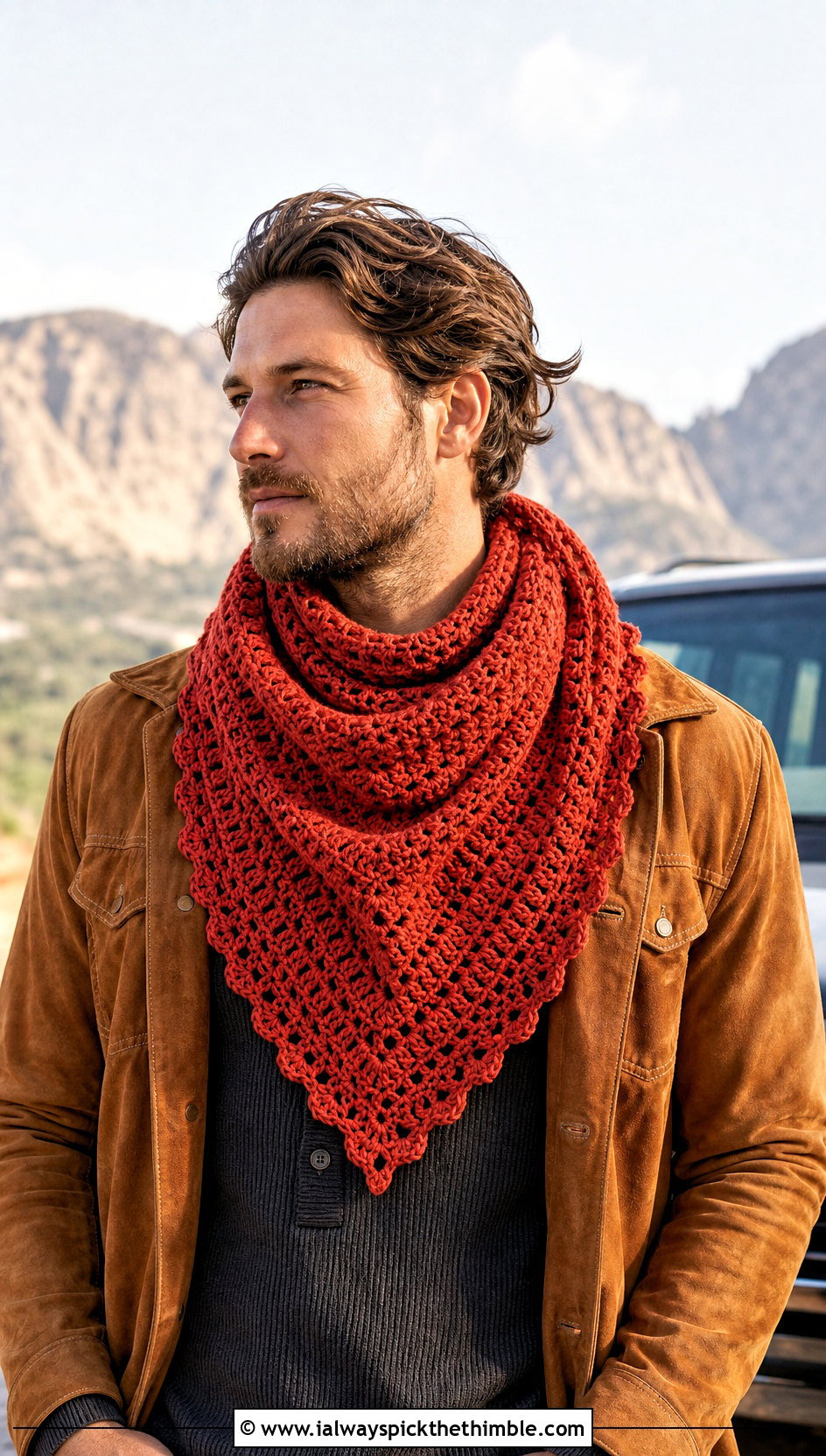 Triangle Crochet Scarf With Western Jacket - 25 men crochet scarf outfit ideas