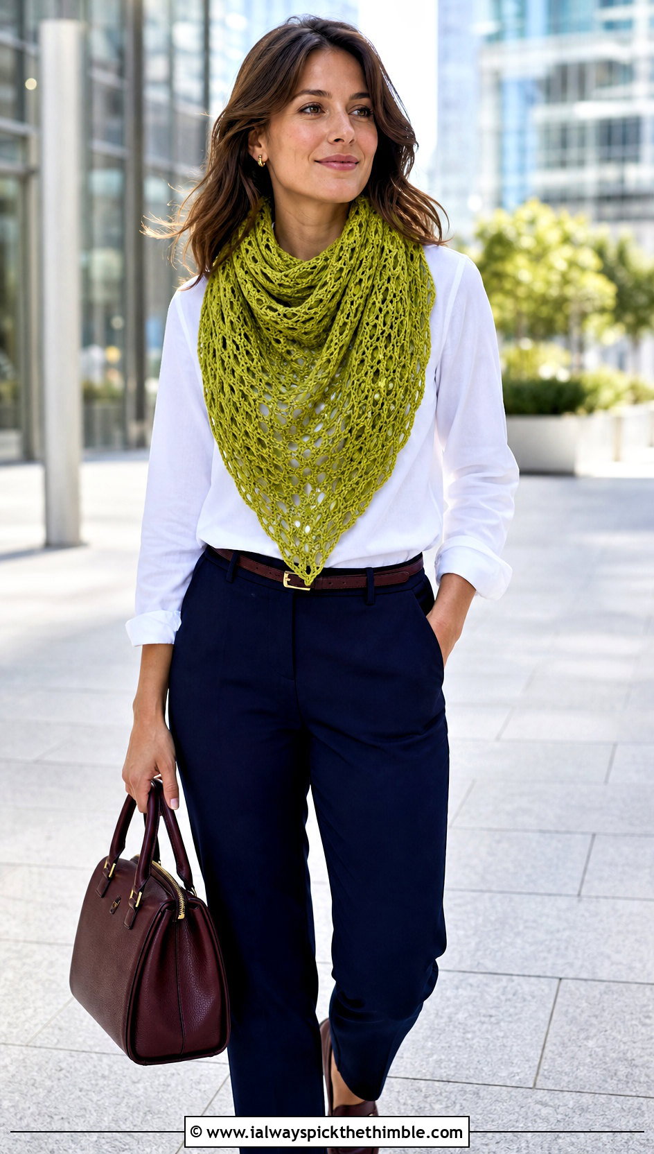 Triangle Crochet Scarf With White Shirt And Trousers - 25 crochet scarf outfit ideas