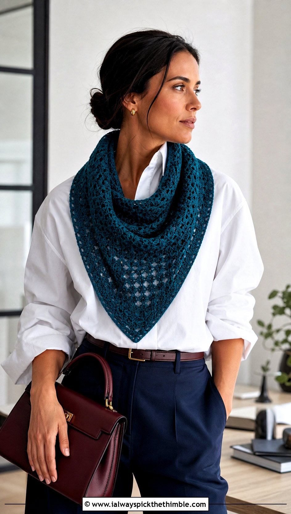 Triangle Crochet Scarf With White Shirt And Trousers - 25 easy crochet scarf outfit ideas