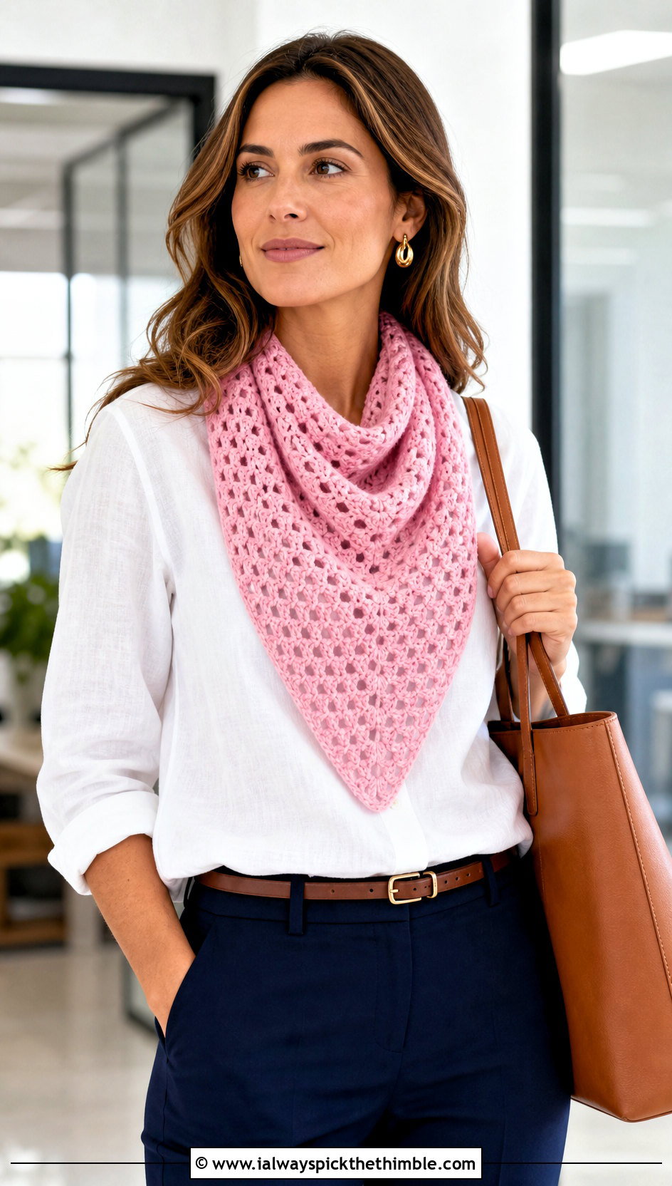 Triangle Crochet Scarf With White Shirt And Trousers - 25 quick crochet scarf outfit ideas