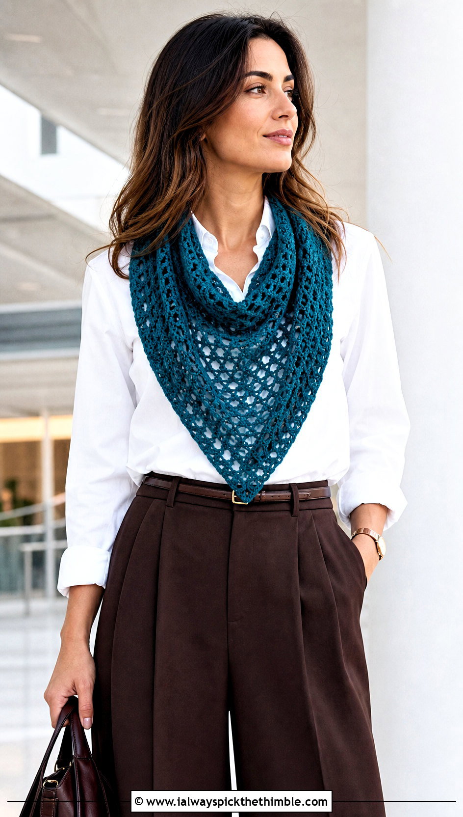 Triangle Crochet Scarf With White Shirt And Trousers - 20 pretty crochet scarf outfit ideas