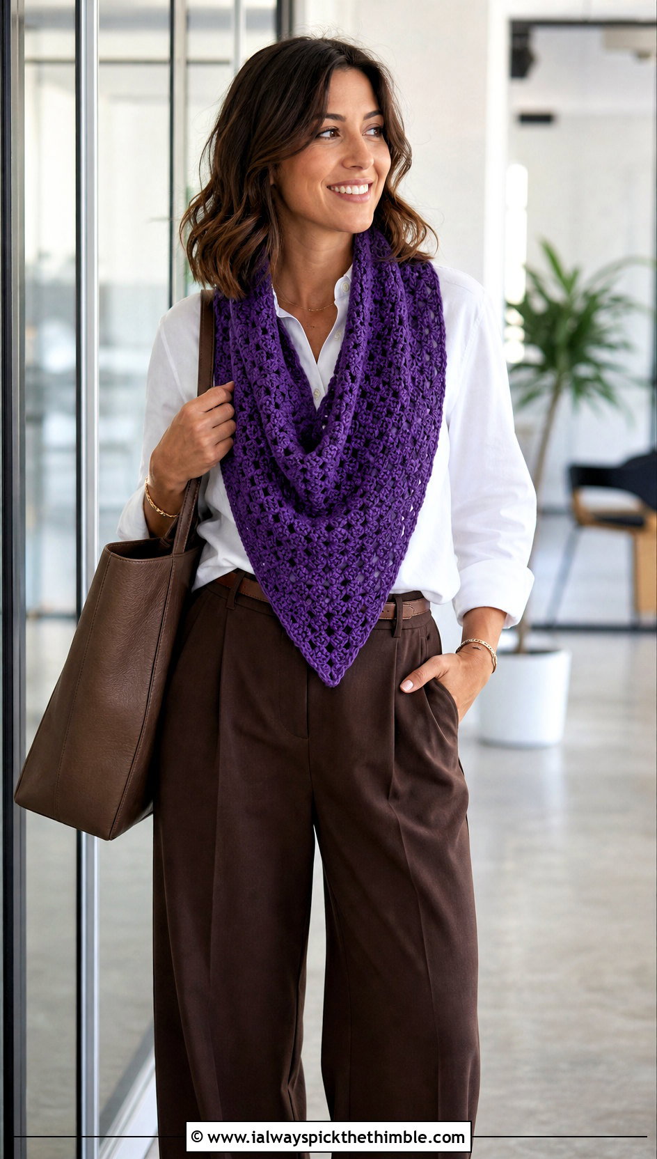 Triangle Crochet Scarf With White Shirt And Wide Leg Trousers - 20 one row repeat crochet scarf outfit ideas