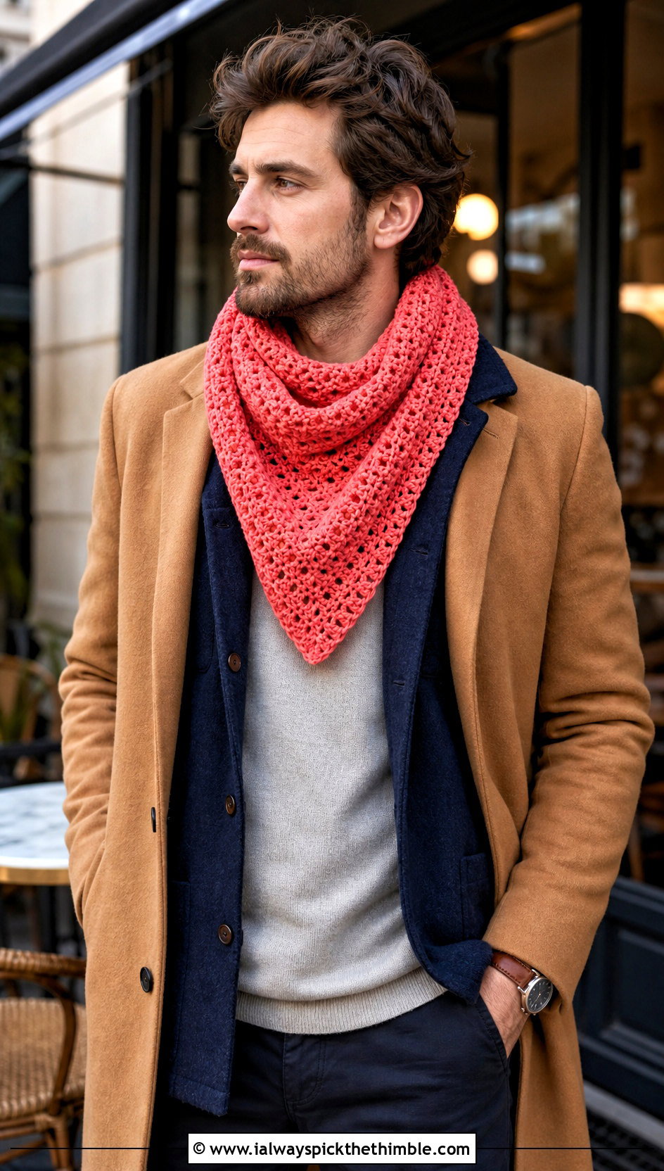 Triangle Crochet Scarf With Winter Overshirt - 20 Mens Winter Crochet Scarf outfit ideas