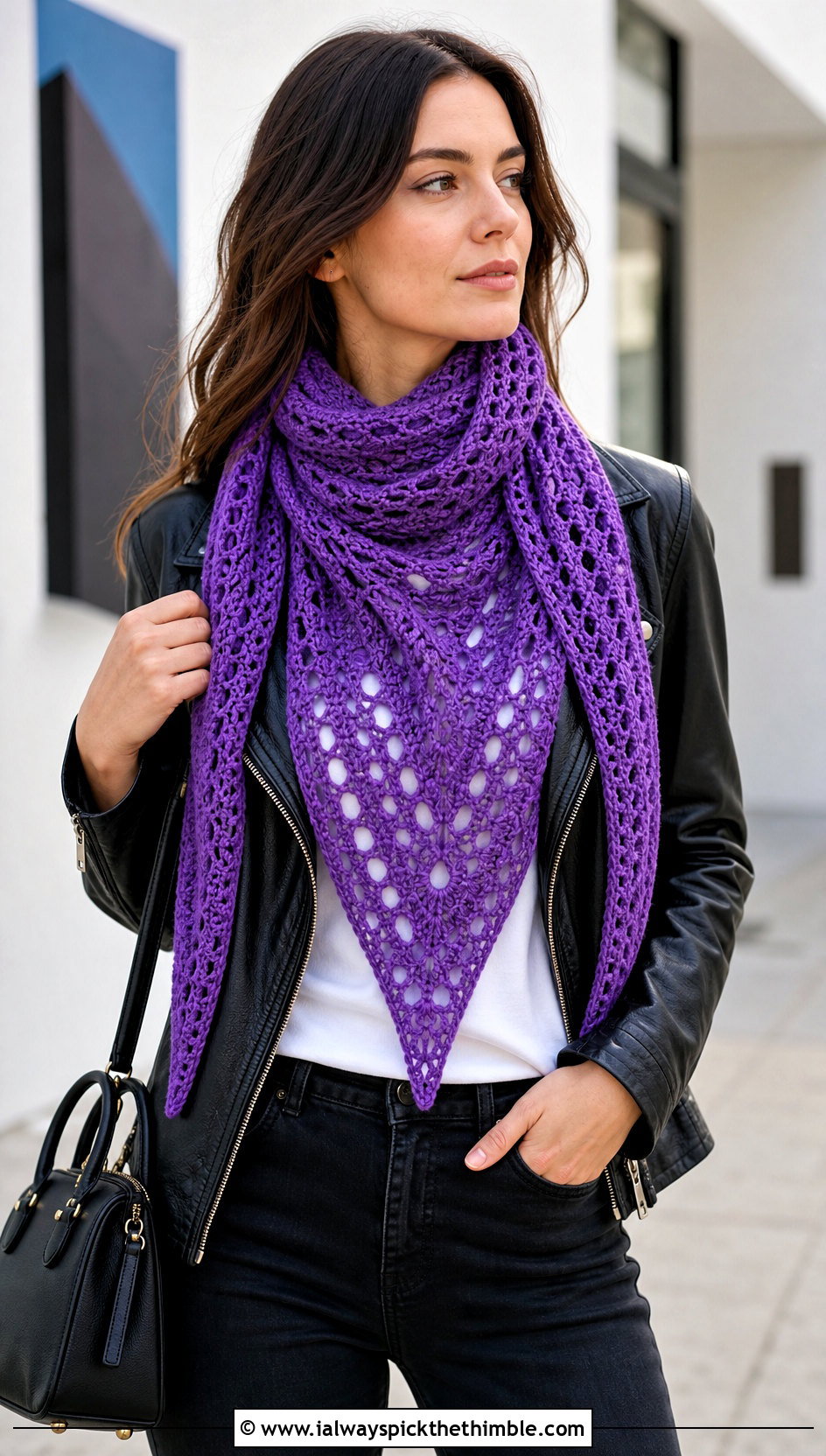 Triangle Crochet Shawl Scarf With Leather Jacket - 20 unique crochet scarf outfit ideas