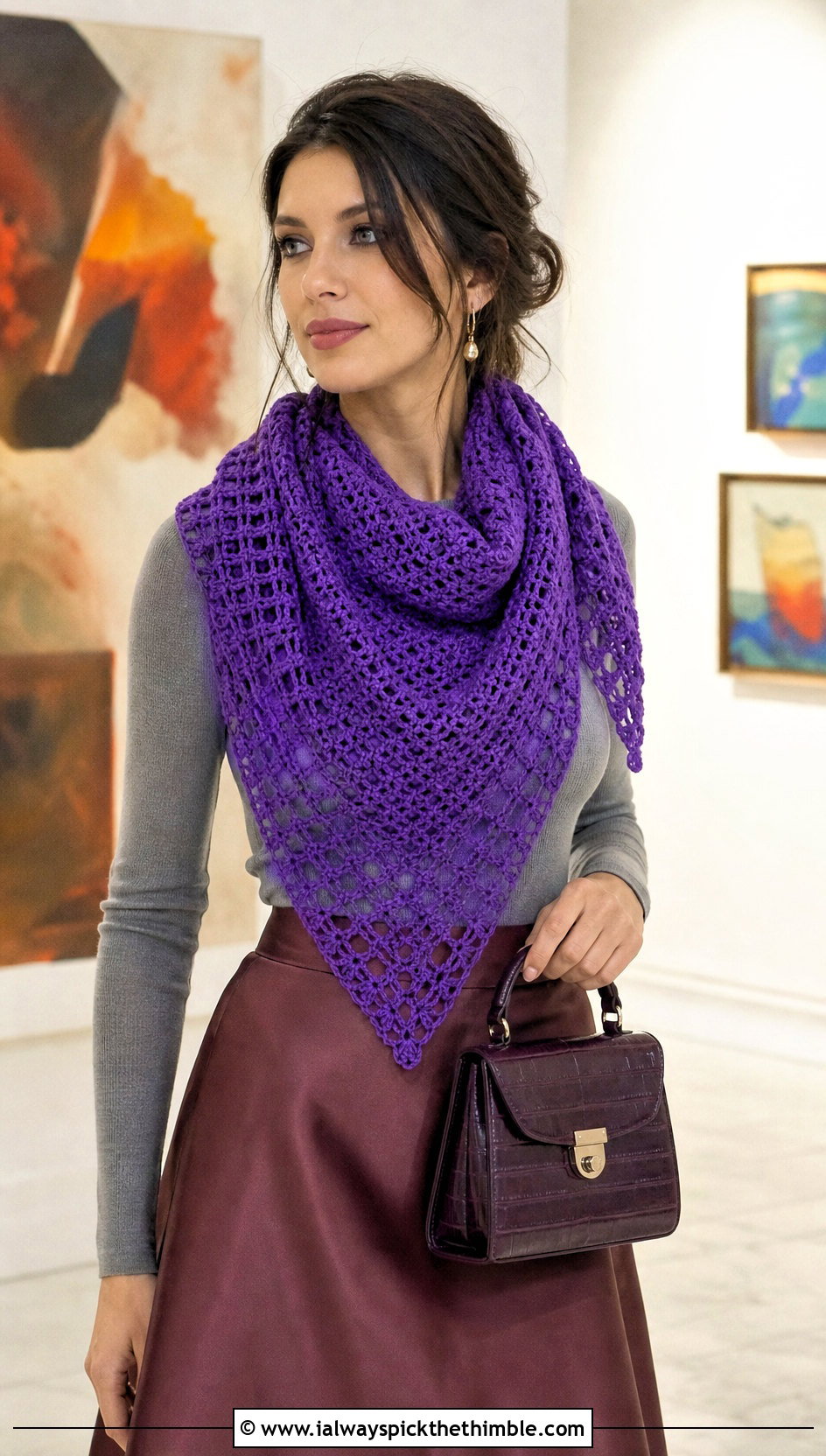 Triangle Crochet Shawl Scarf With Satin Midi Skirt - 20 Quick And Easy Crochet Scarf outfit ideas