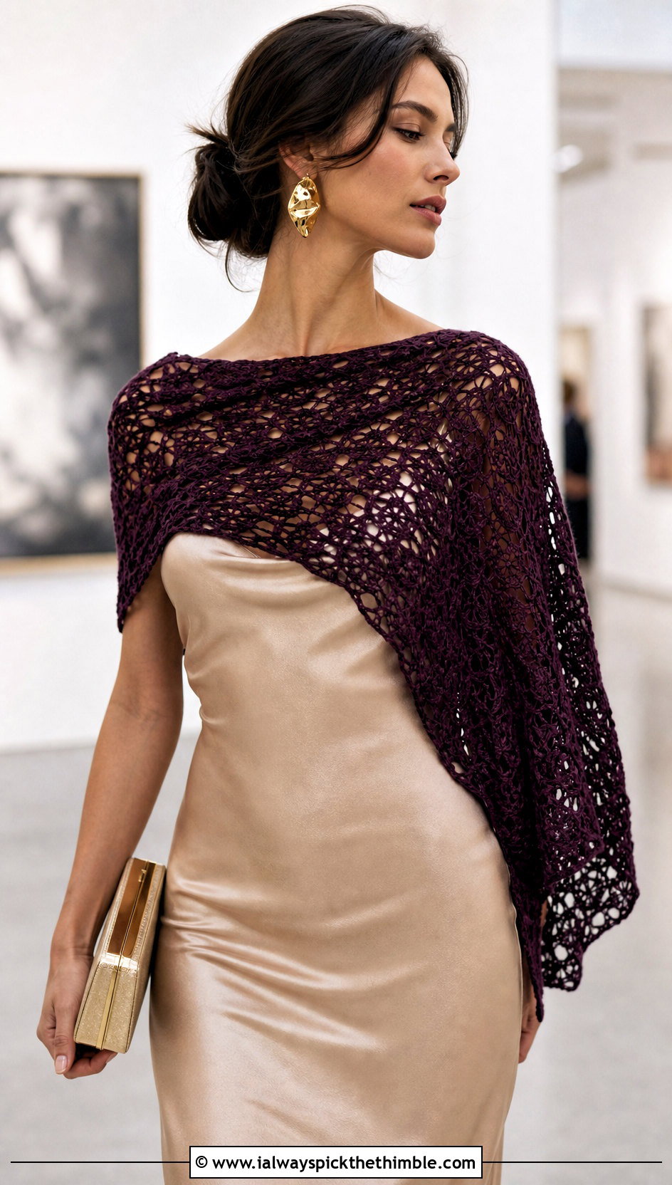Triangle Crochet Shawl Scarf With Satin Slip Dress - 20 Elegant Crochet Scarf outfit ideas
