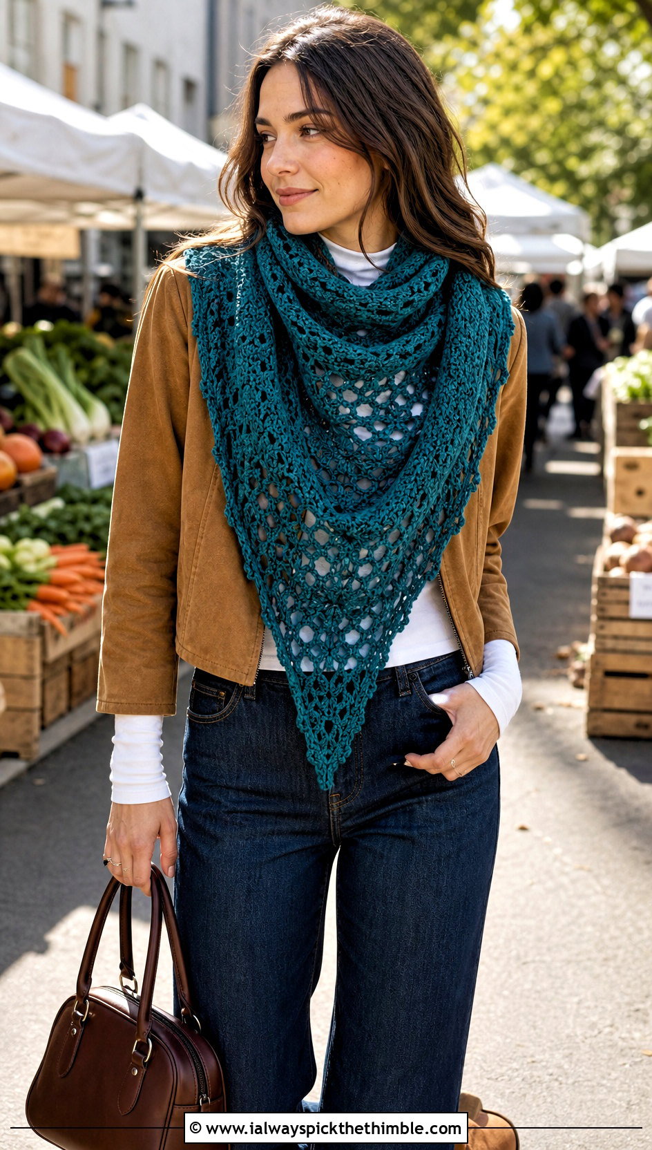Triangle Crochet Shawl Scarf With Straight Leg Jeans - 20 super crochet scarf outfit ideas