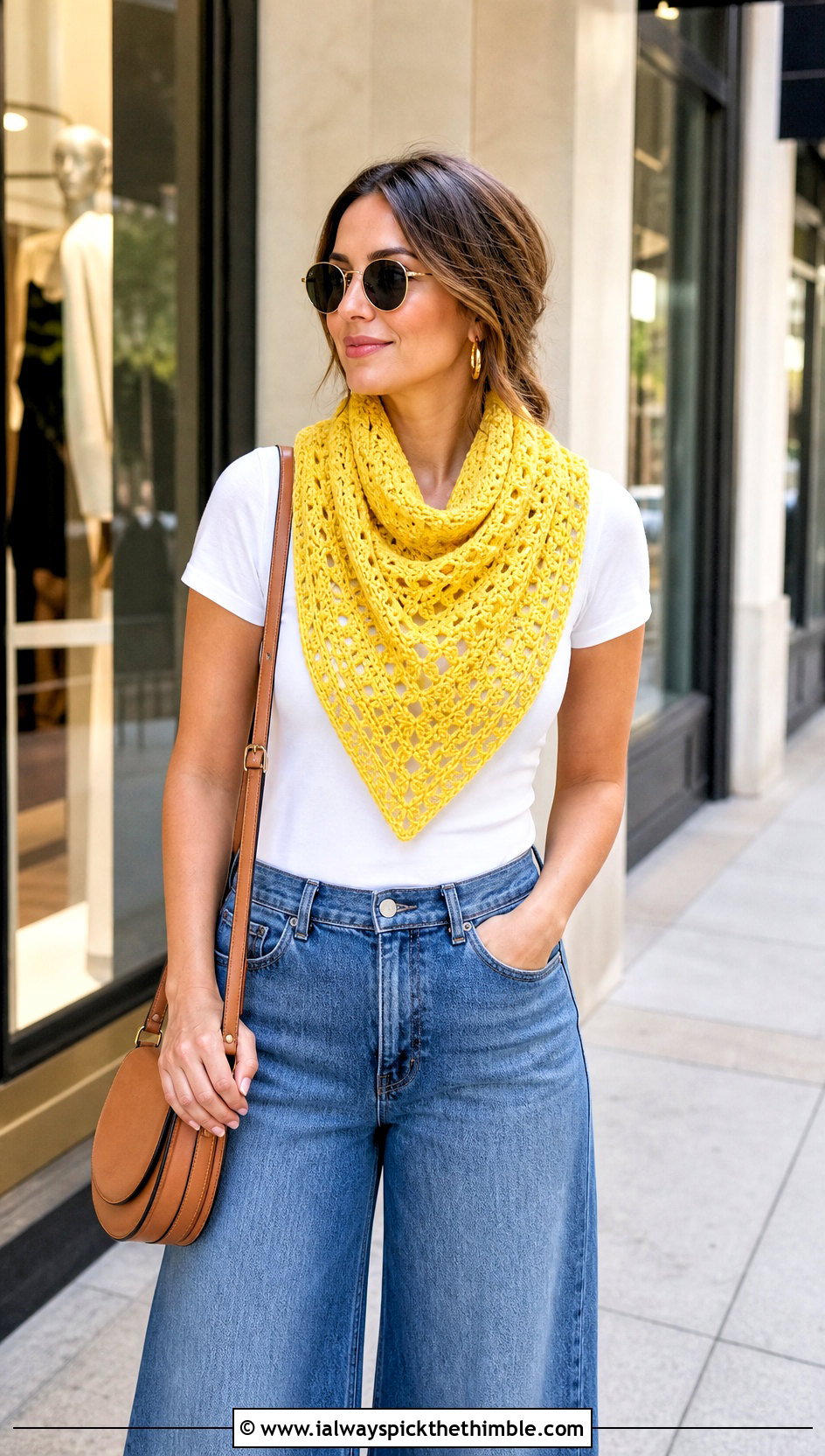 Triangle Crochet Shawl Scarf With Wide Leg Jeans - 20 crochet shawl scarf outfit ideas