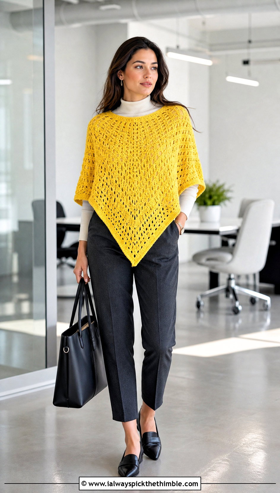 Triangle Crochet Shawl Sweater With Tailored Trousers - 20 crochet shawl sweater outfit ideas