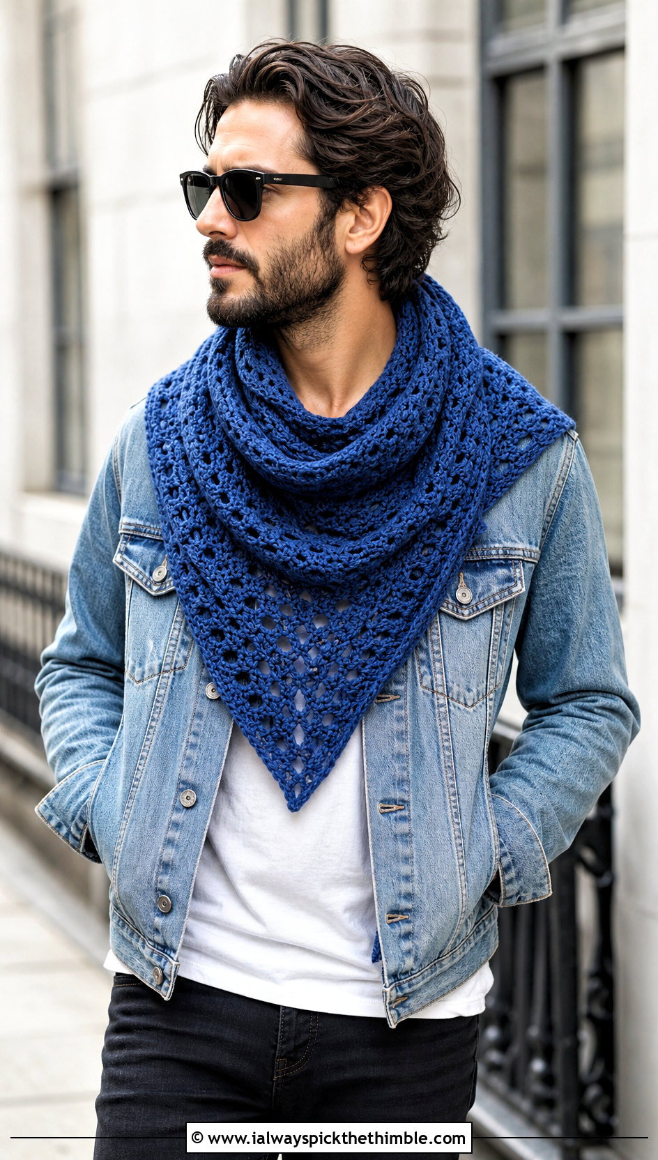 Triangle Crochet Shawl With Denim Jacket - 20 crochet shawl for men outfit ideas