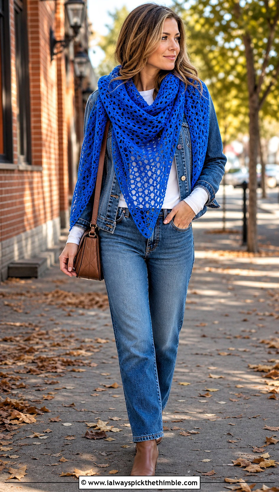 Triangle Crochet Shawl With Straight Leg Jeans - 20 Fall Crochet Shawl outfit ideas