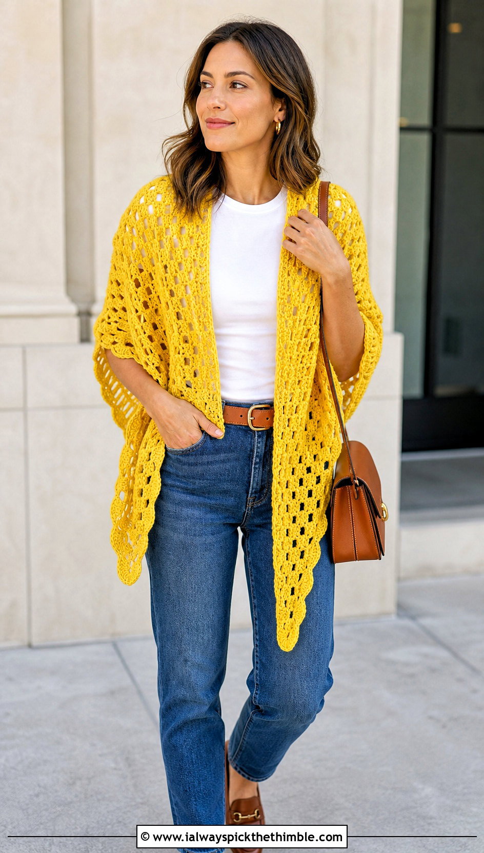 Triangle Crochet Shawl With Straight Leg Jeans - 20 Simple Crochet Shawl outfit ideas