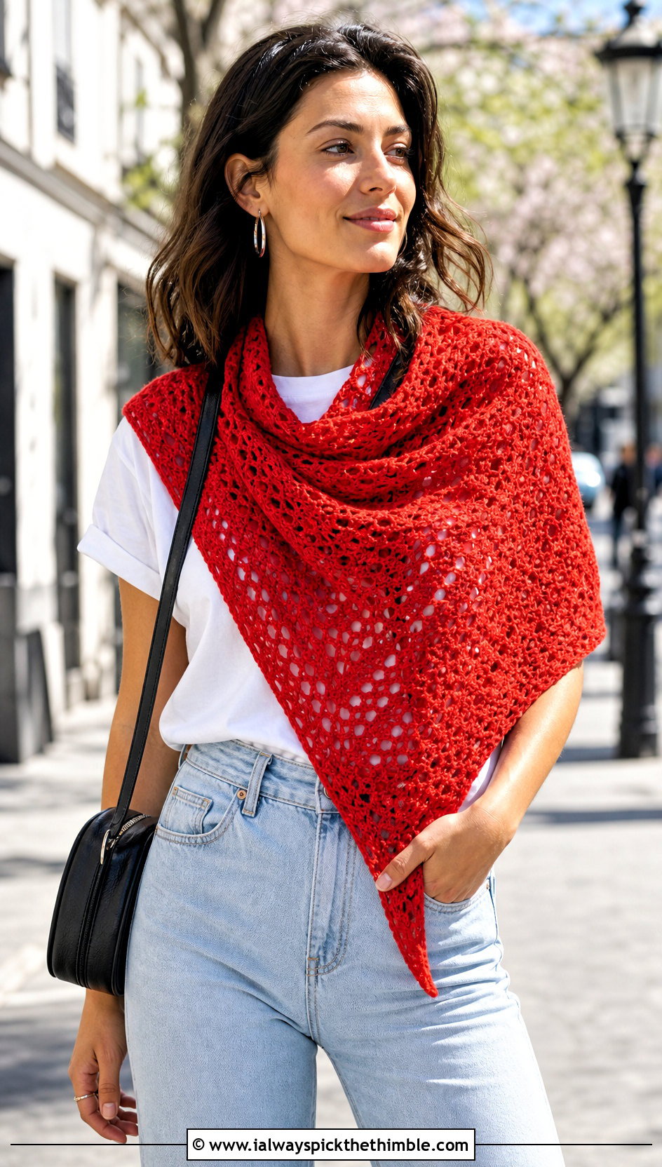 Triangle Crochet Shawl With White T Shirt And Jeans - 20 Spring Crochet Shawl outfit ideas