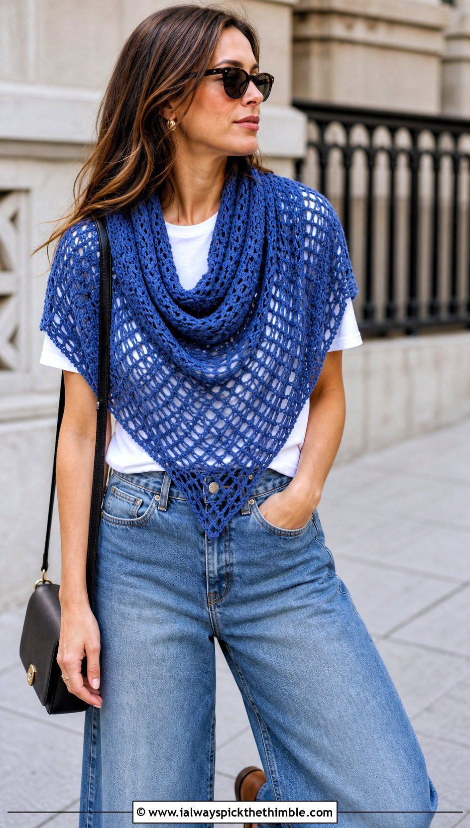 Triangle Crochet Shawl With Wide Leg Jeans - 20 crochet for shawls outfit ideas