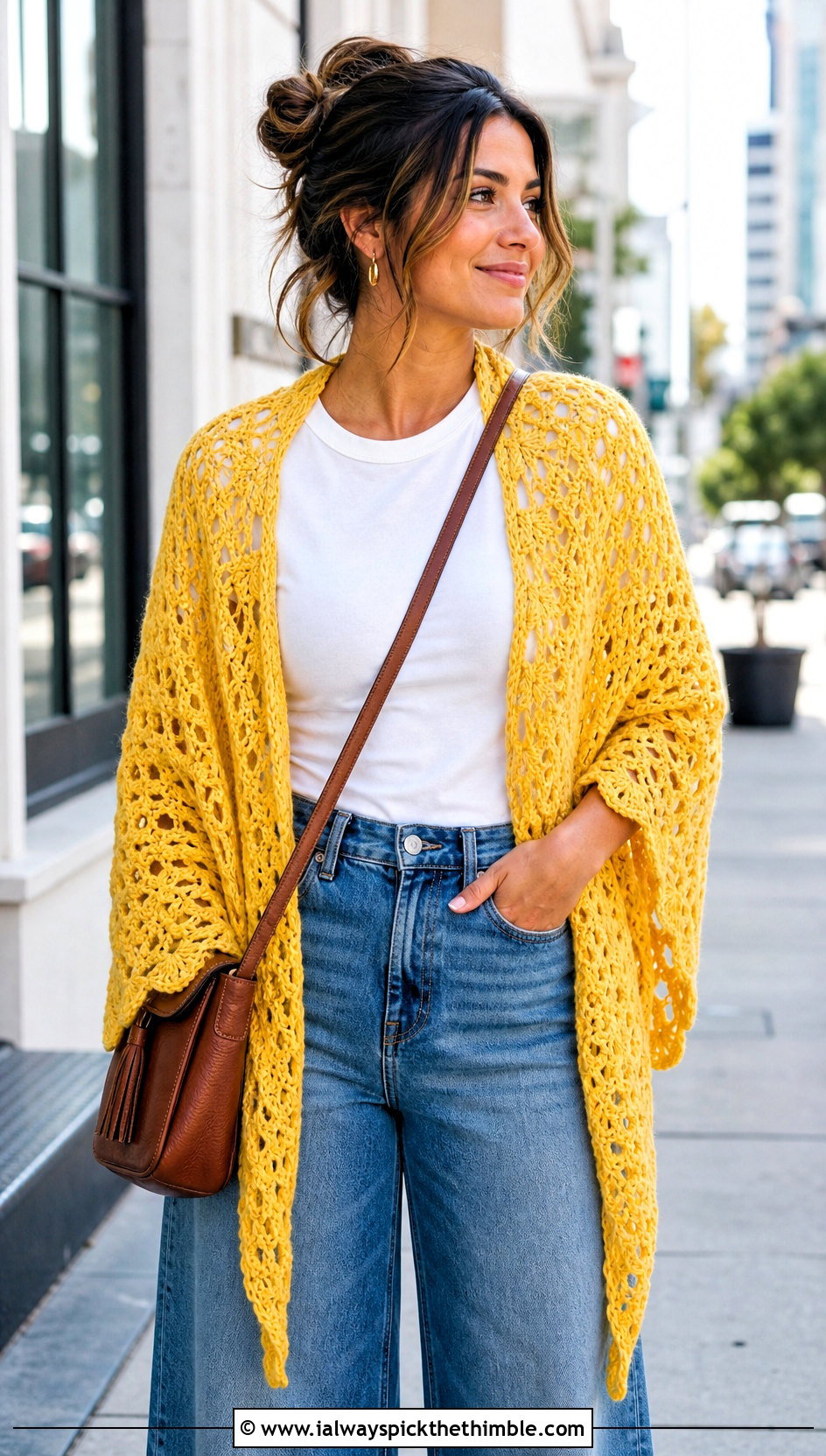 Triangle Crochet Shawl With Wide Leg Jeans - 20 crochet shawl wrap outfit ideas