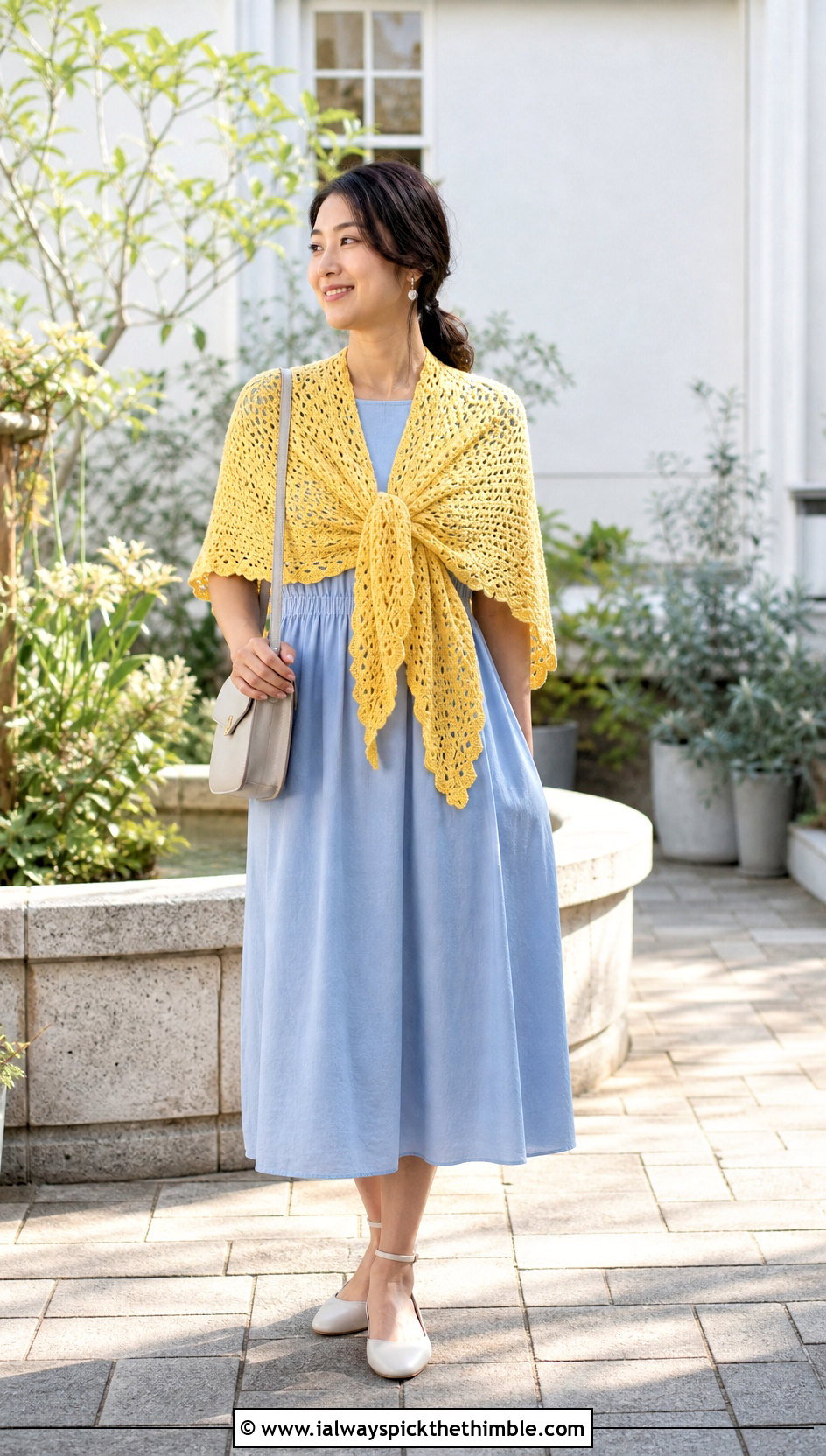 Triangle Crochet Shawl Wrap With Midi Dress - 15 Beginner Crochet Wrap outfit ideas