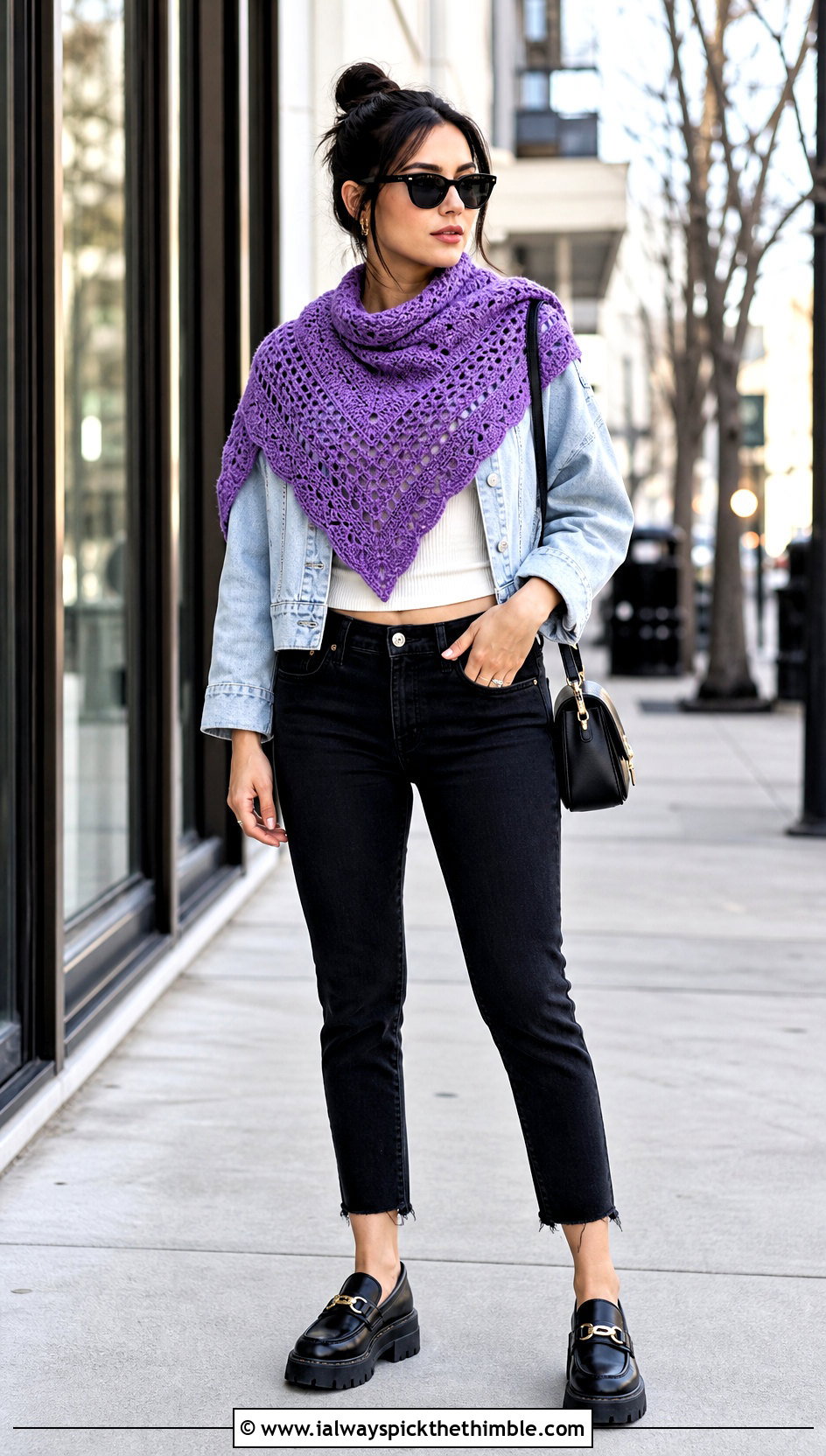 Triangle Crochet Sweater Shawl With A Denim Jacket - 20 crochet sweater shawl outfit ideas