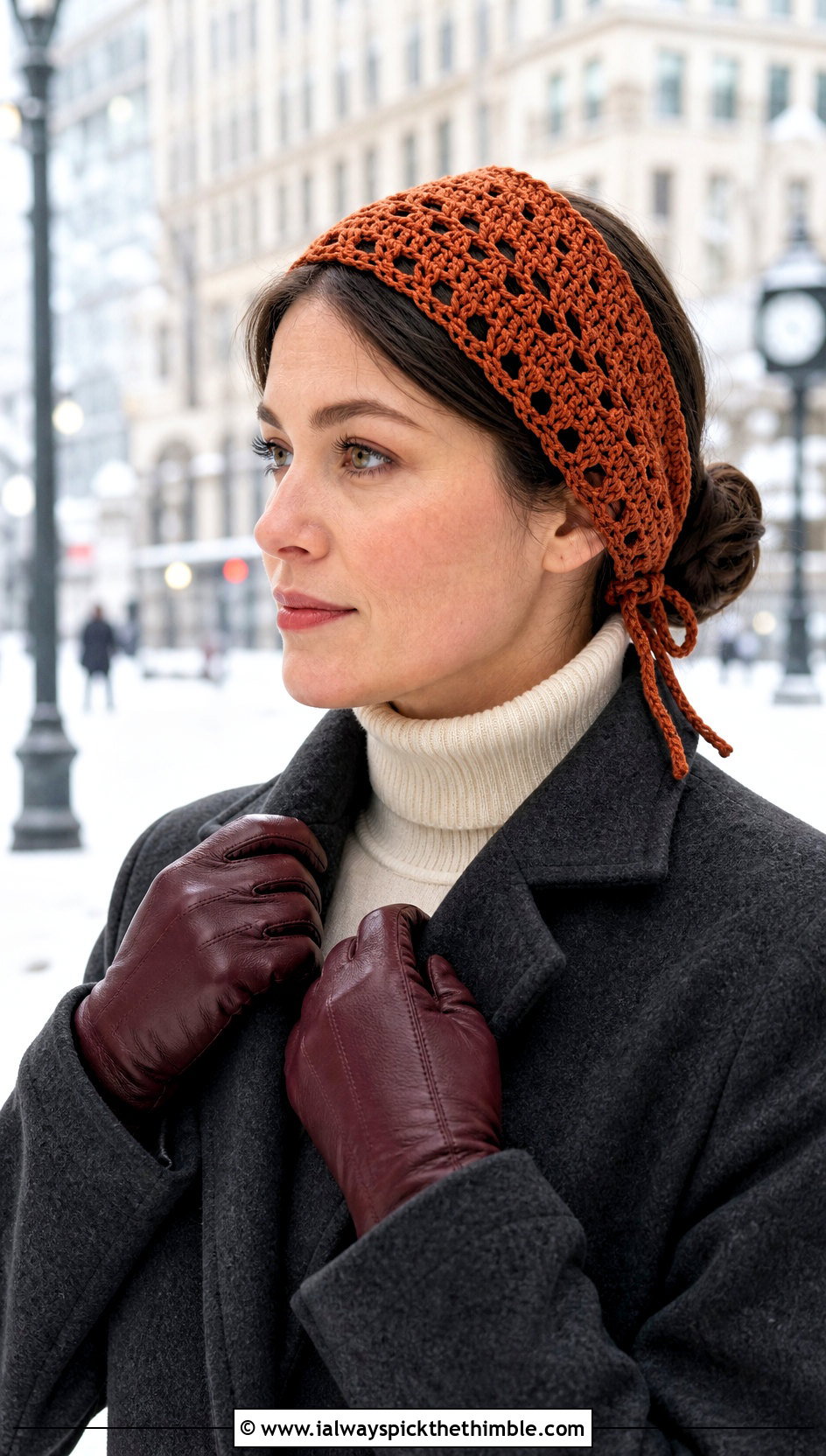 Triangle Crochet Tie Headband With Turtleneck And Wool Coat - 25 crochet tie headband outfit ideas