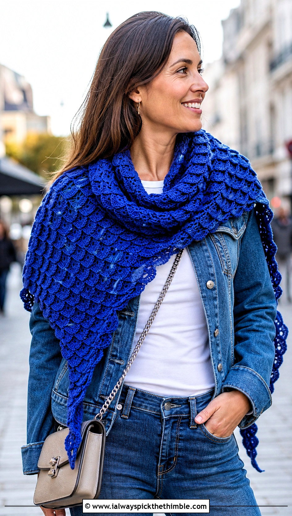 Triangle Crocodile Stitch Crochet Shawl With Denim Jacket - 15 crocodile stitch crochet shawl outfit ideas