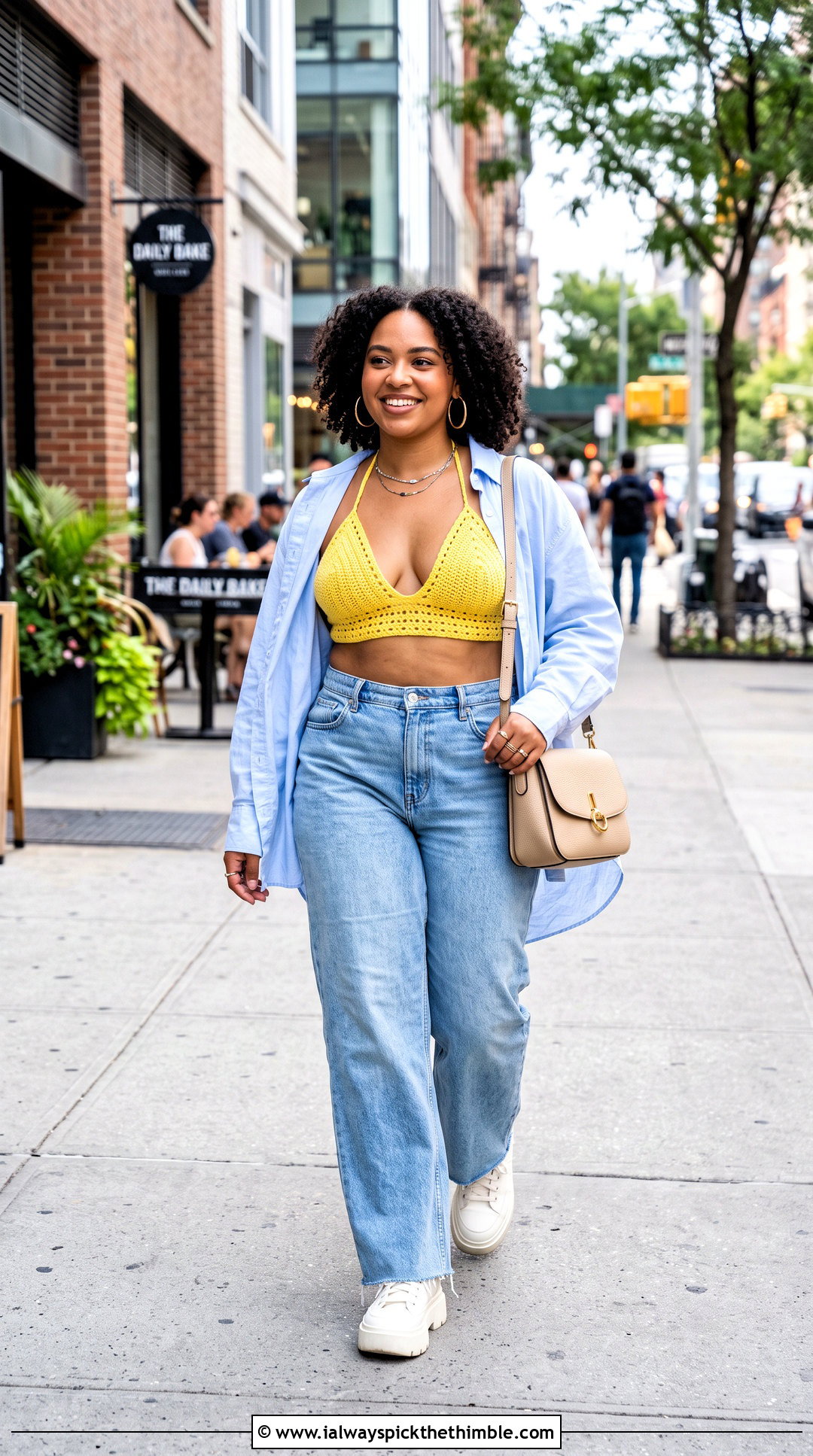 Triangle Cup Crochet Halter Bralette With Wide Leg Jeans - 15 Crochet Halter Bralette outfit ideas