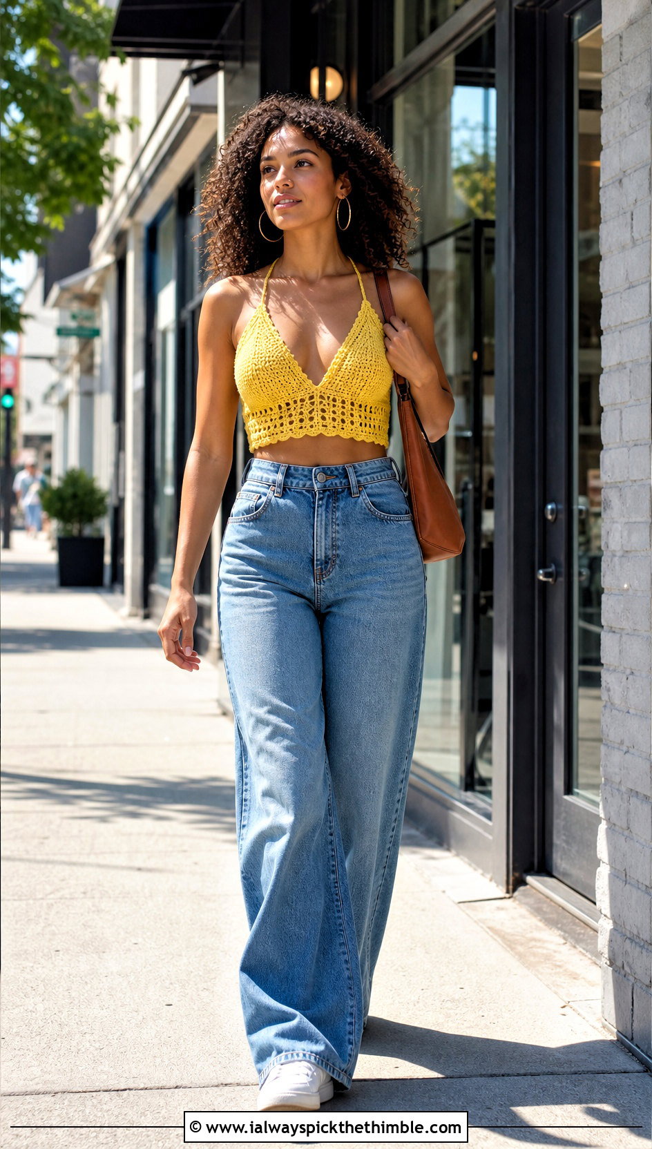 Triangle Cup Crochet Top With Wide Leg Jeans - 25 crochet cup top outfit ideas