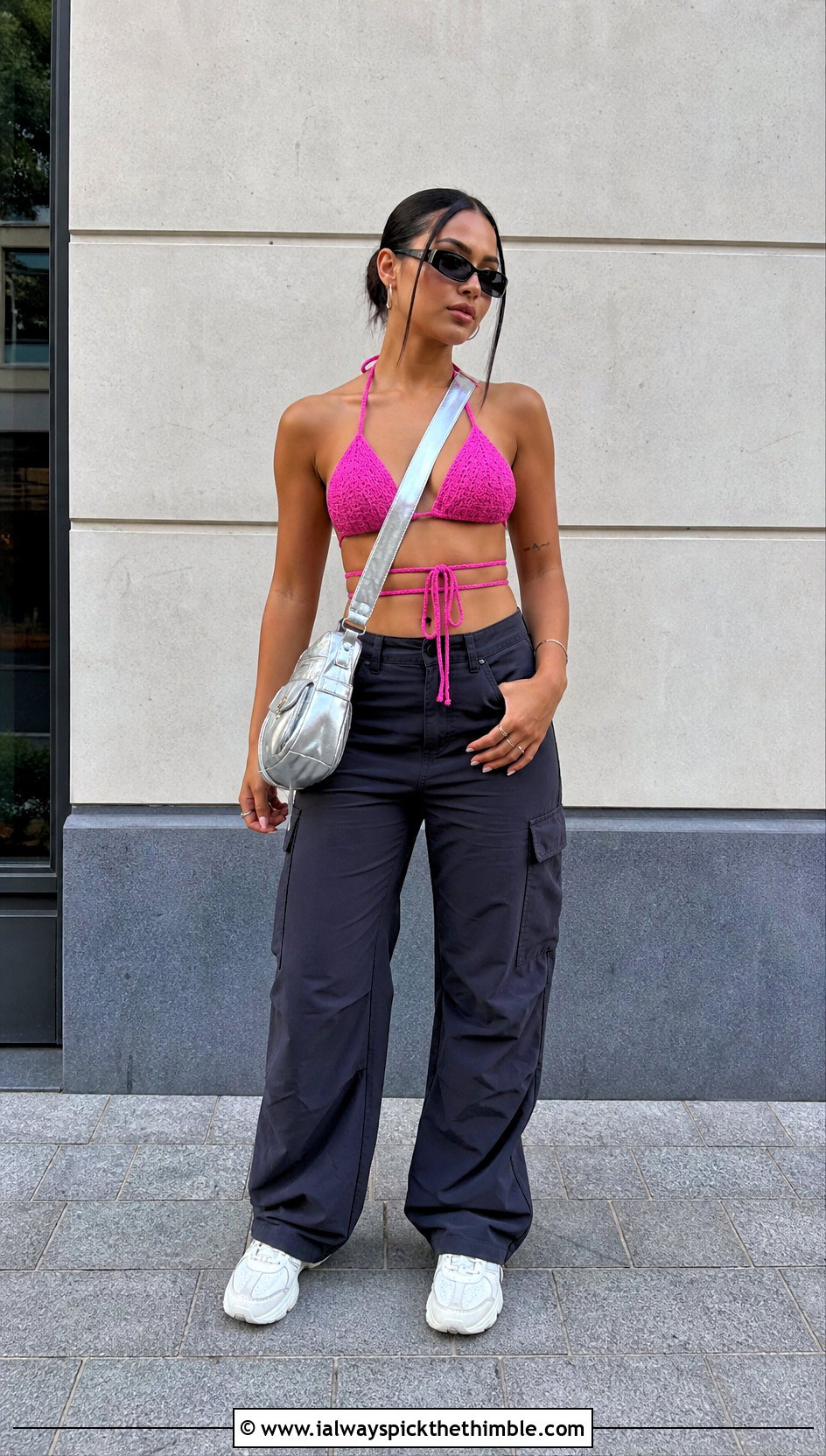 Triangle Cup Crocheted Halter Top With Cargo Pants - 20 crocheted halter tops outfit ideas