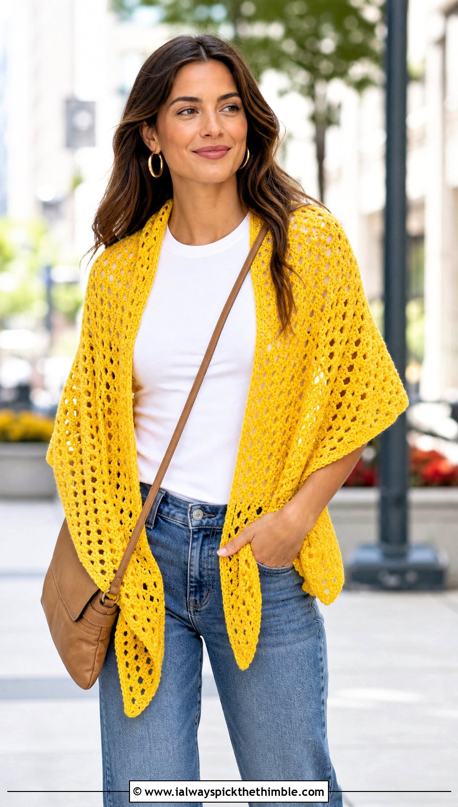Triangle DK Yarn Crochet Shawl With Straight Leg Jeans - 20 Crochet Shawl Dk Yarn outfit ideas