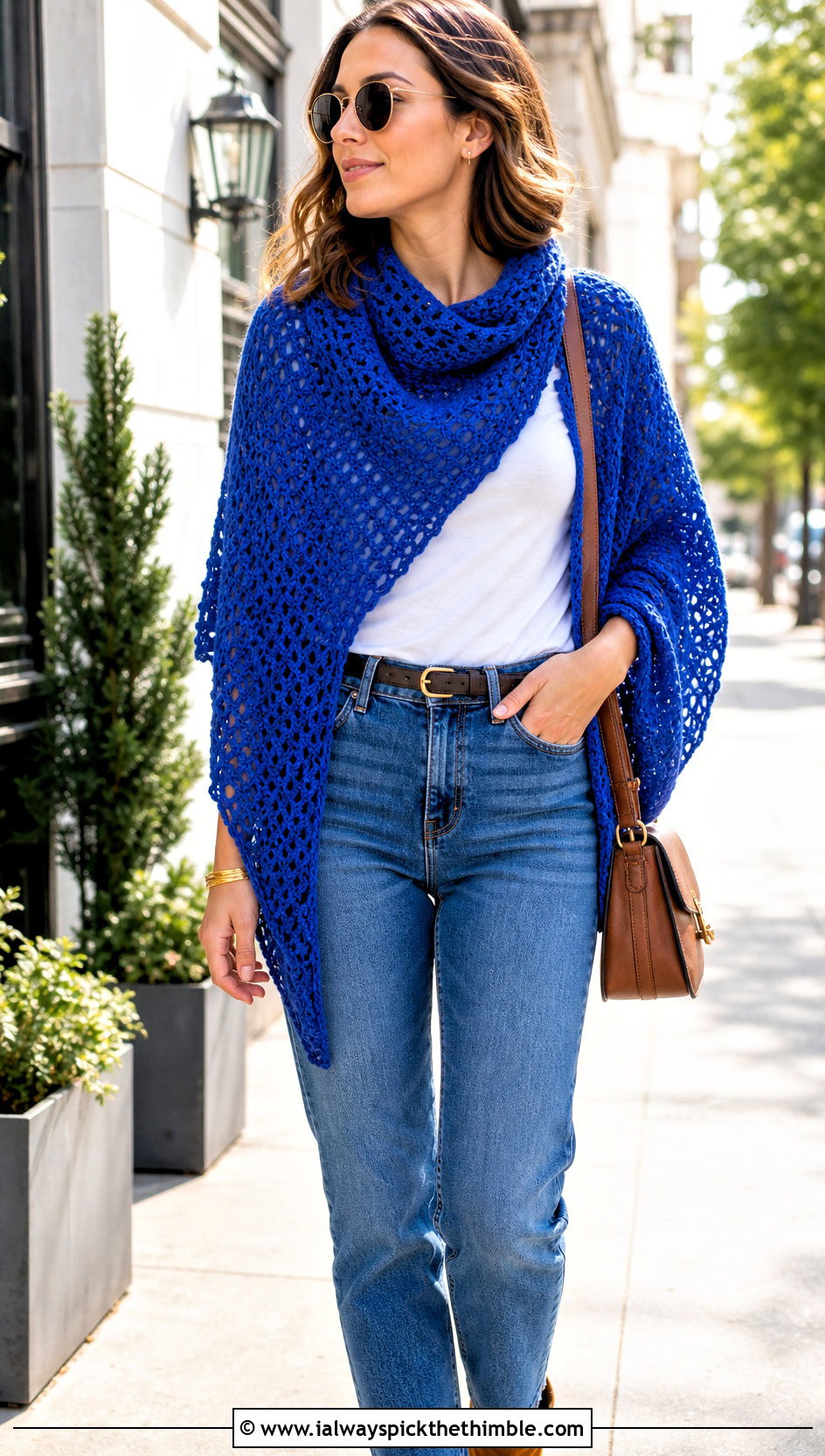 Triangle Double Crochet Shawl With Straight Leg Jeans - 20 Double Crochet Shawl outfit ideas