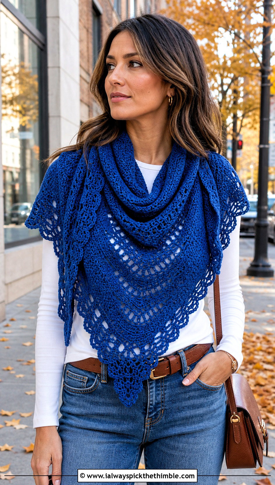 Triangle Draped Fall River Crochet Shawl With Straight Leg Jeans - 20 Fall River Crochet Shawl outfit ideas