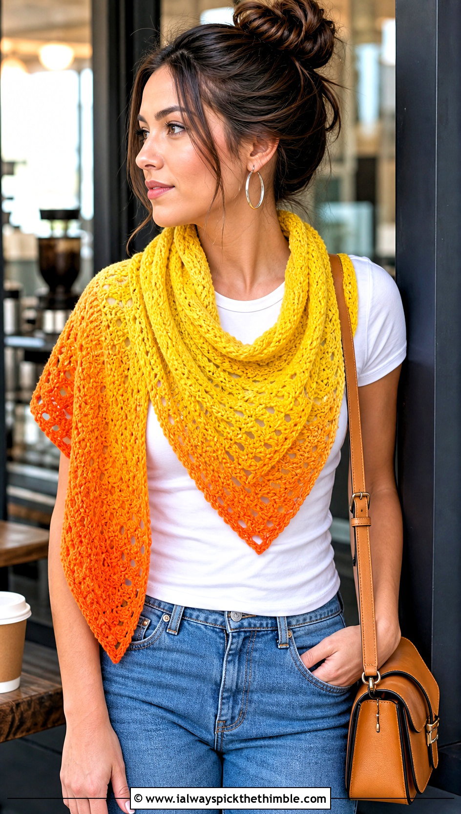 Triangle Fade Shawl With Straight Leg Jeans - 15 Crochet Fade Shawl outfit ideas
