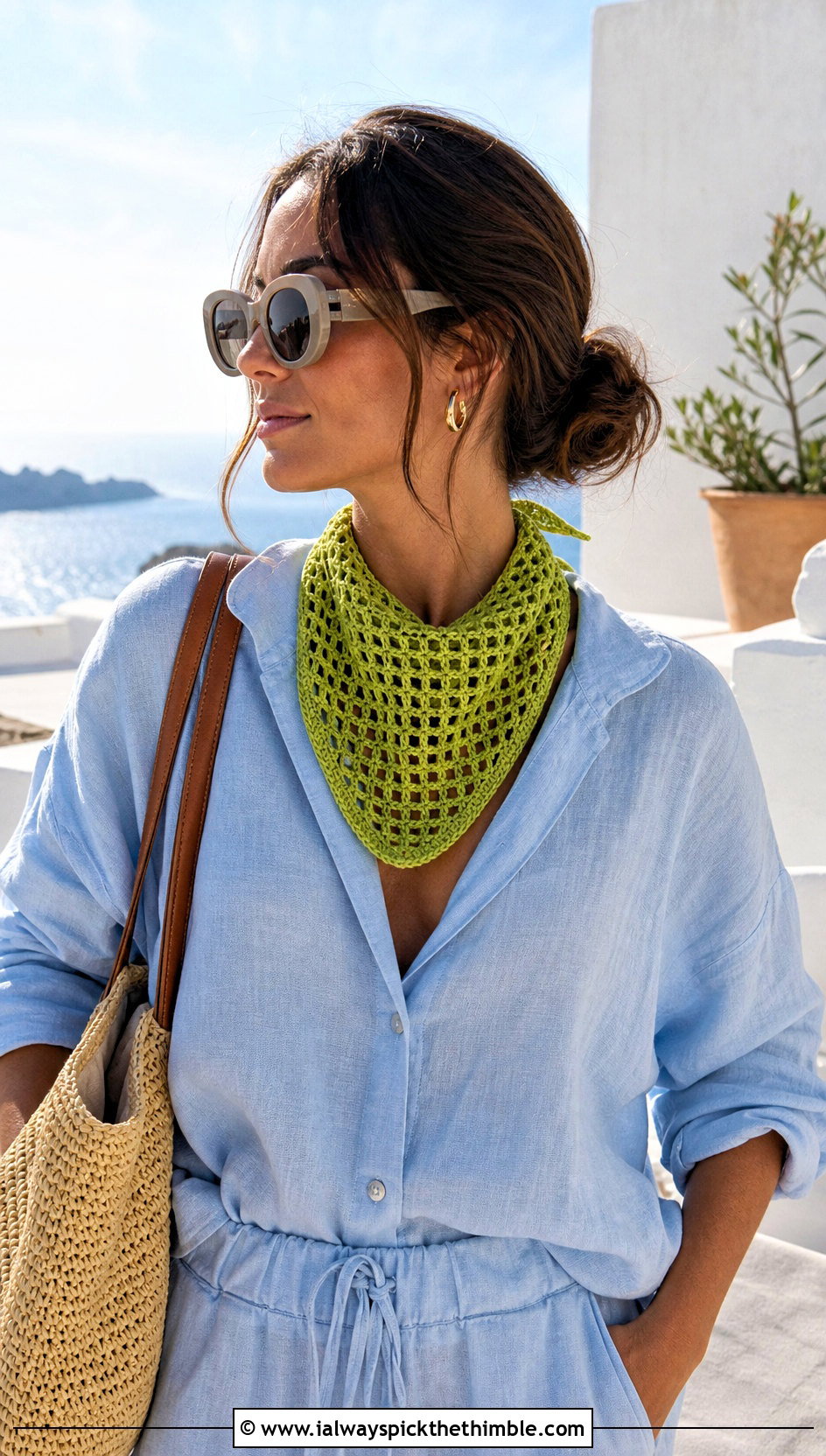 Triangle Filet Crochet Bandana Scarf With A Linen Set - 25 filet crochet scarf outfit ideas