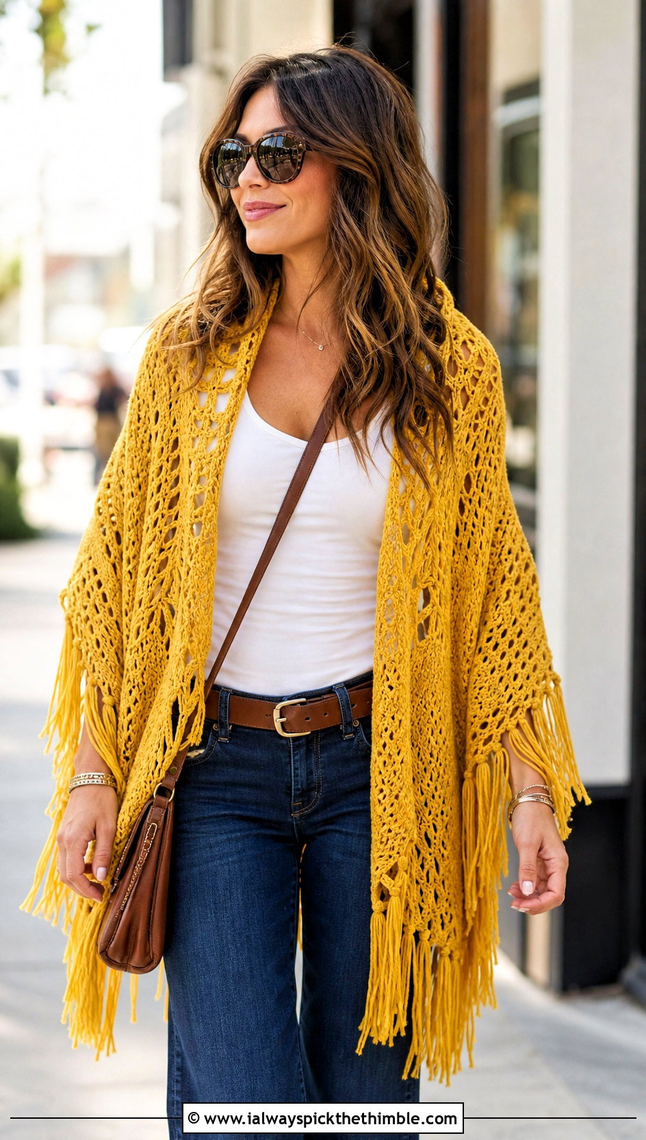 Triangle Fringe Crochet Boho Shawl With Flared Jeans - 20 crochet boho shawl outfit ideas