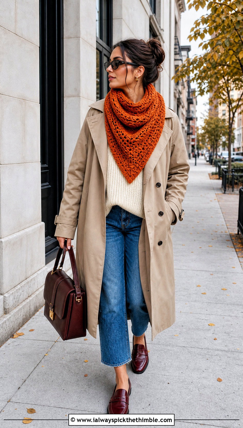 Triangle Front Chunky Yarn Crochet Cowl With Trench Coat And Loafers - 20 Chunky Yarn Crochet Cowl outfit ideas