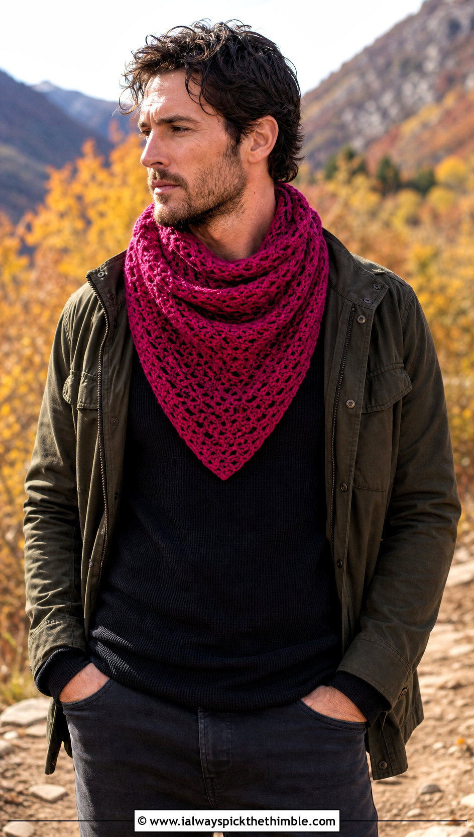 Triangle Front Crochet Cowl With Field Jacket - 20 crochet cowl for men outfit ideas