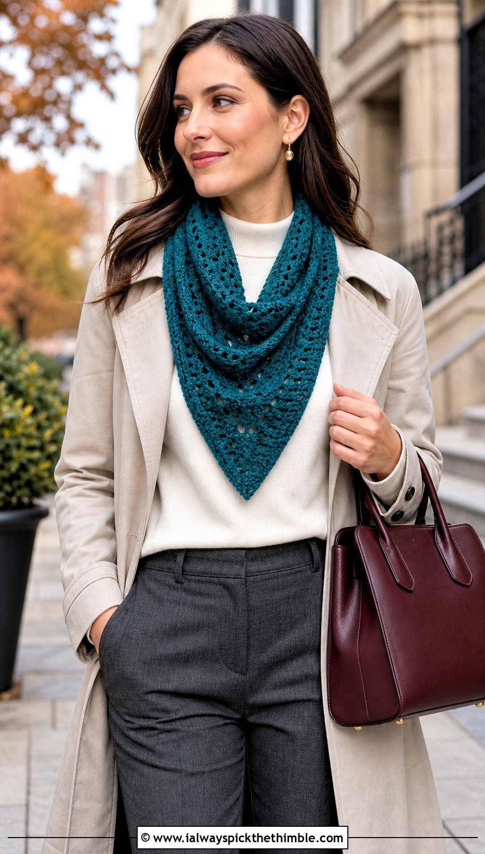 Triangle Front Crochet Cowl With Trench Coat And Loafers - 25 crochet neck warmer cowls outfit ideas
